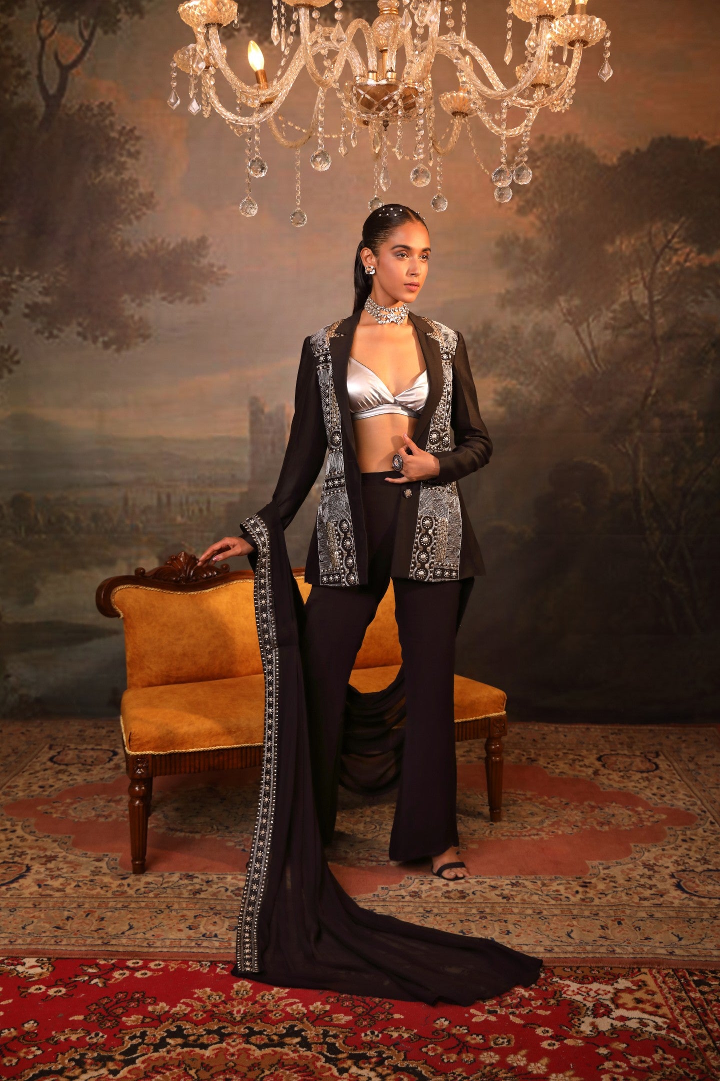 Black Designer Blazer Pant Set