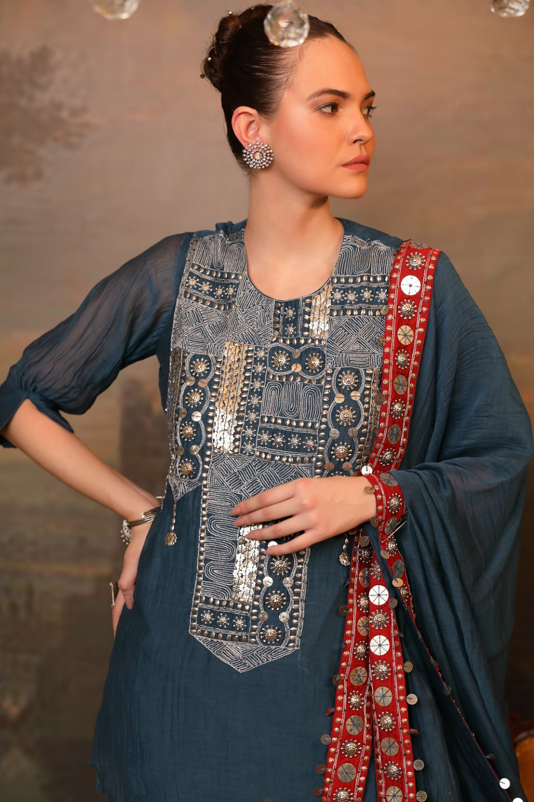 Peacock Blue Chanderi Kurta Sharara Set
