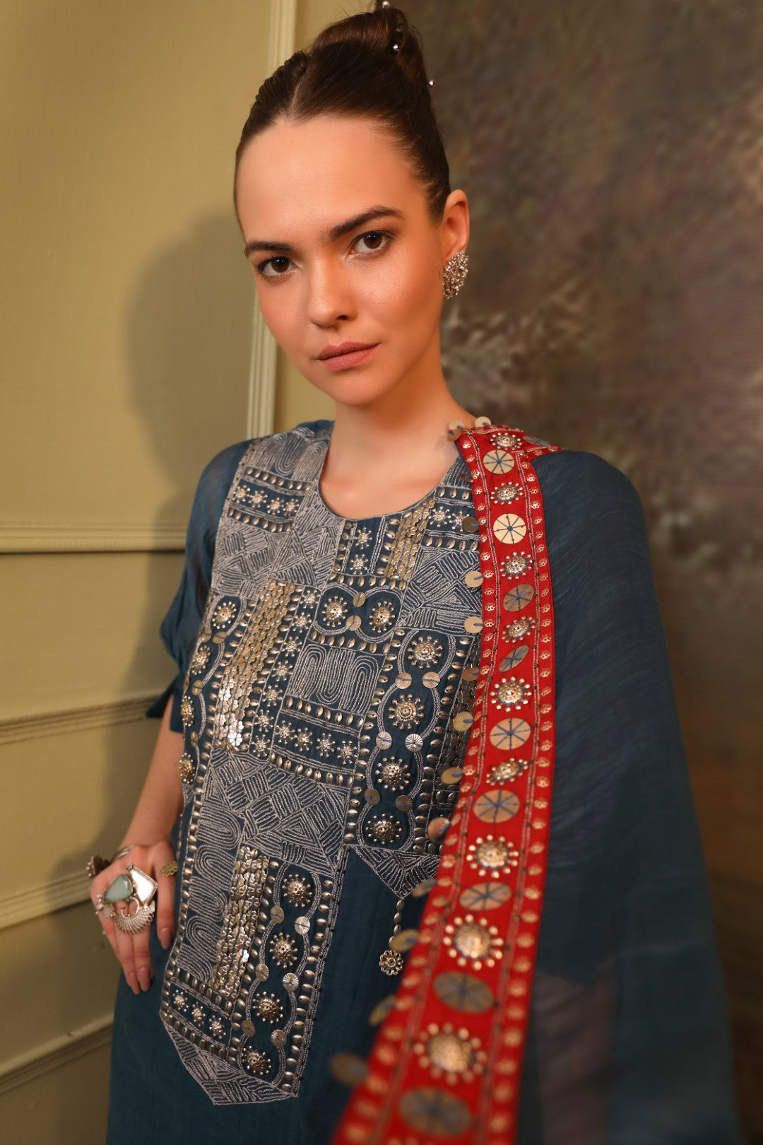 Peacock Blue Chanderi Kurta Sharara Set