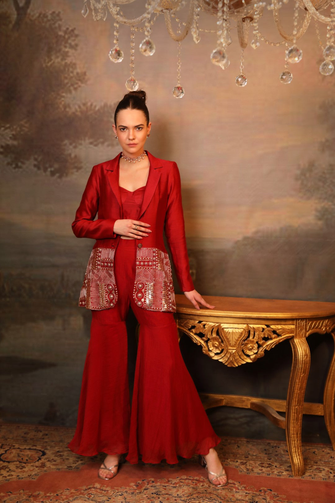 Embroidered Maroon Blazer Sharara Set