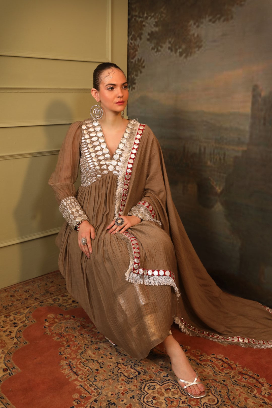 Grey Soft Chanderi Anarkali Set