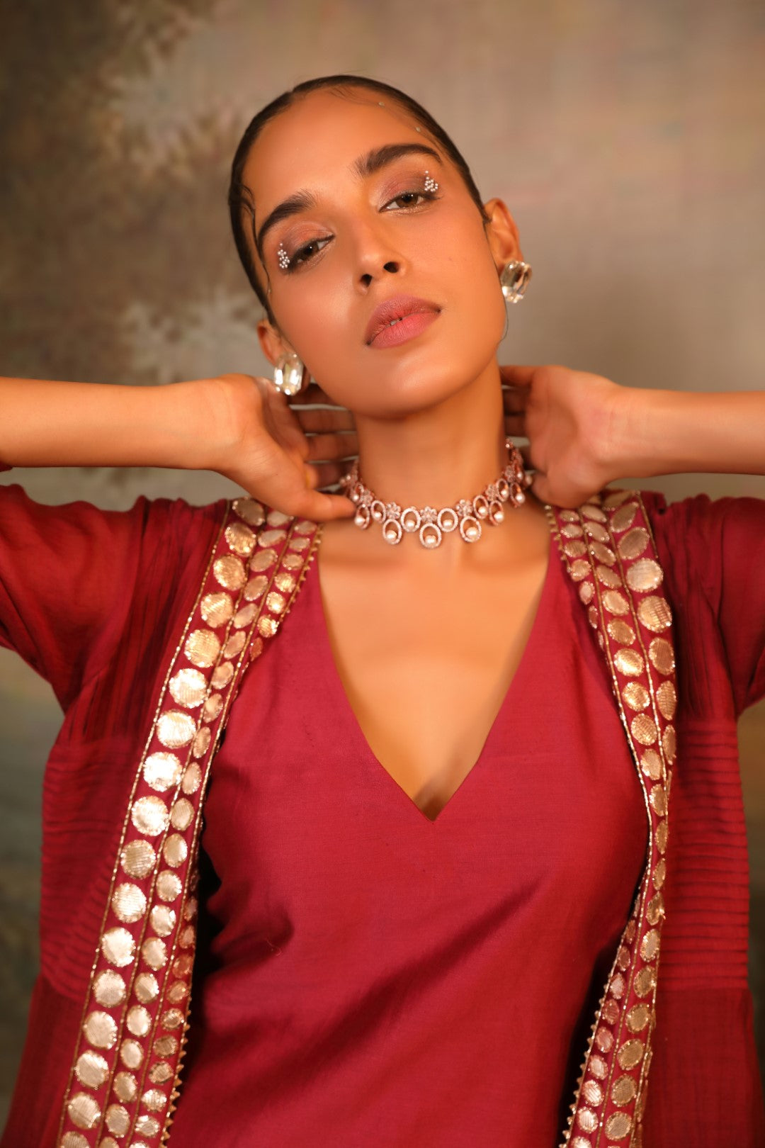 Cherry Red Chanderi Palazzo Shrug Set