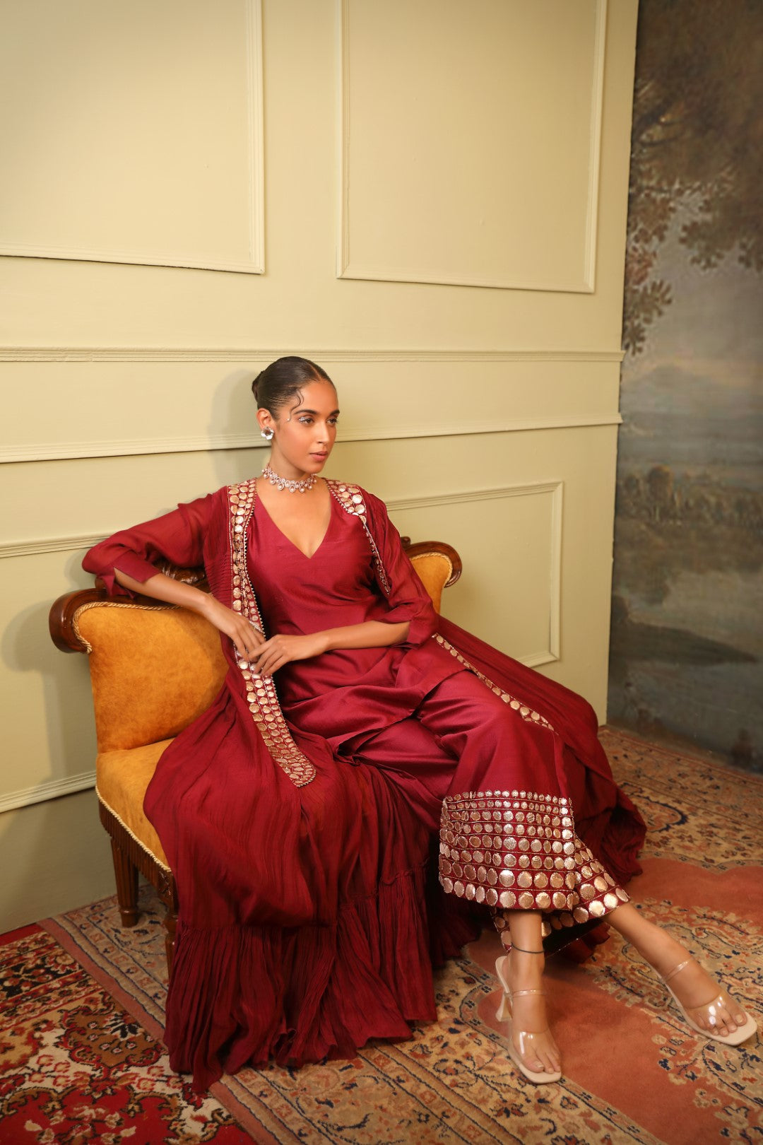 Cherry Red Chanderi Palazzo Shrug Set