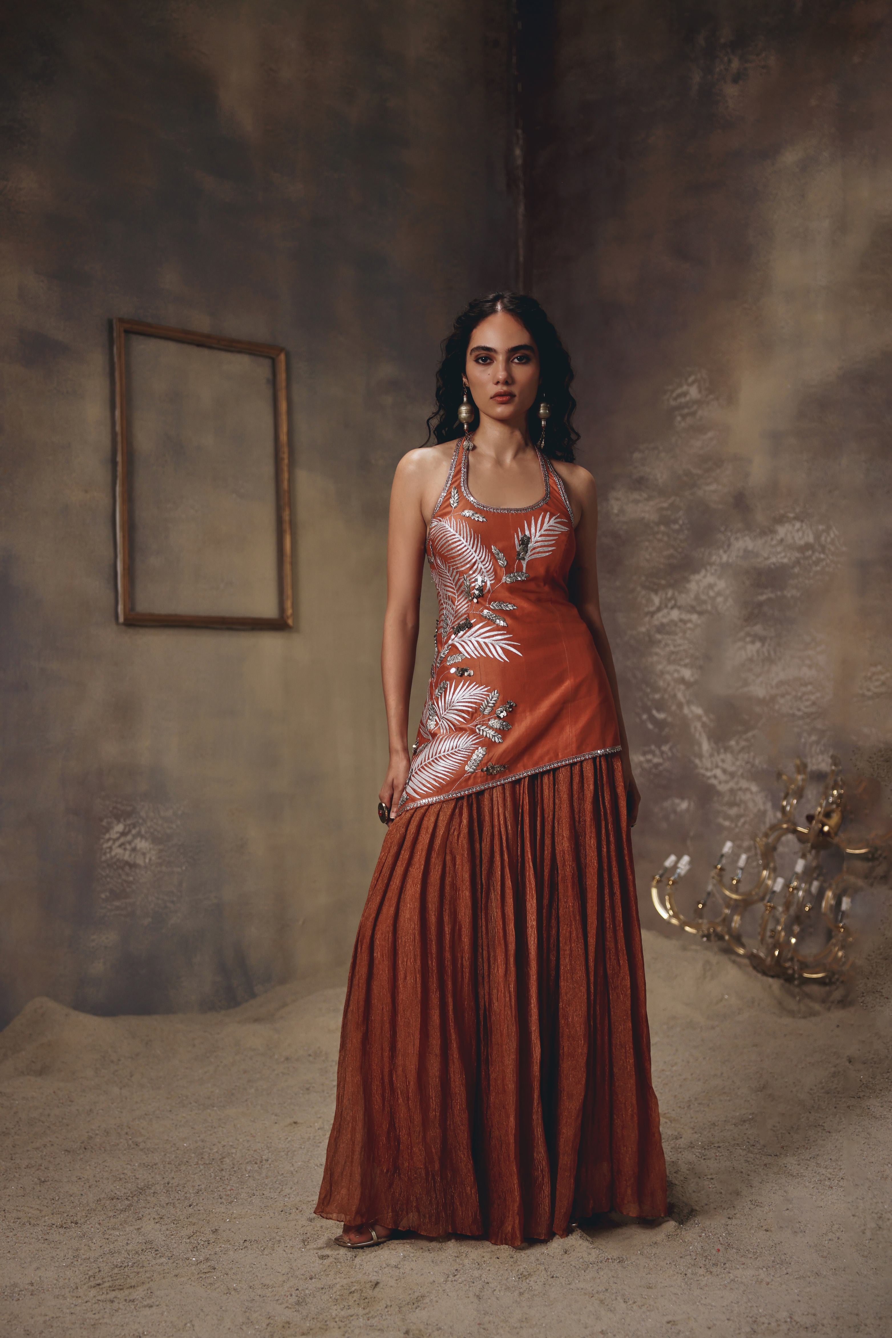 Burnt Saffron Embroidered Sharara Set