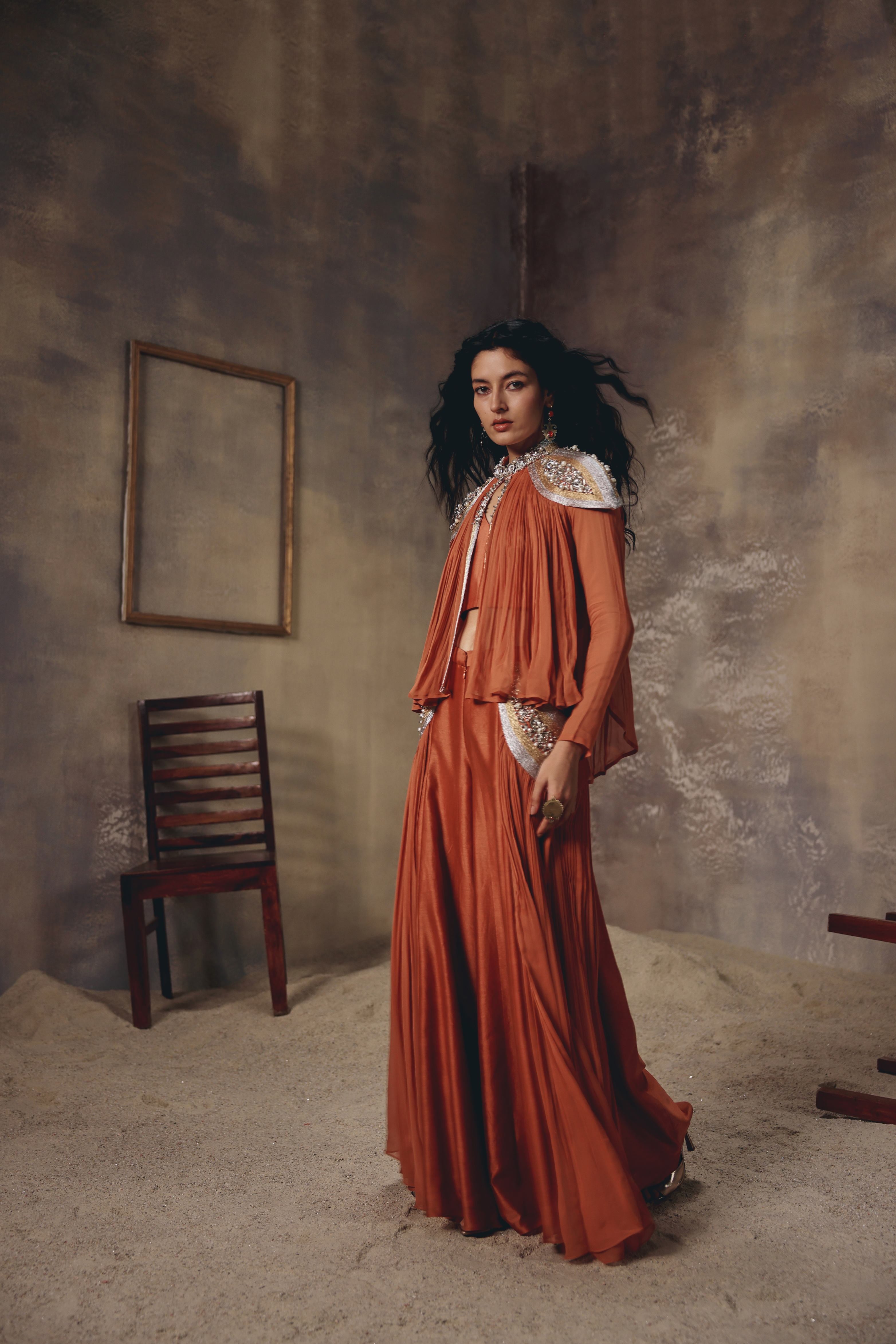 Ember Rust Metal Embroidered Cape Palazzo Set