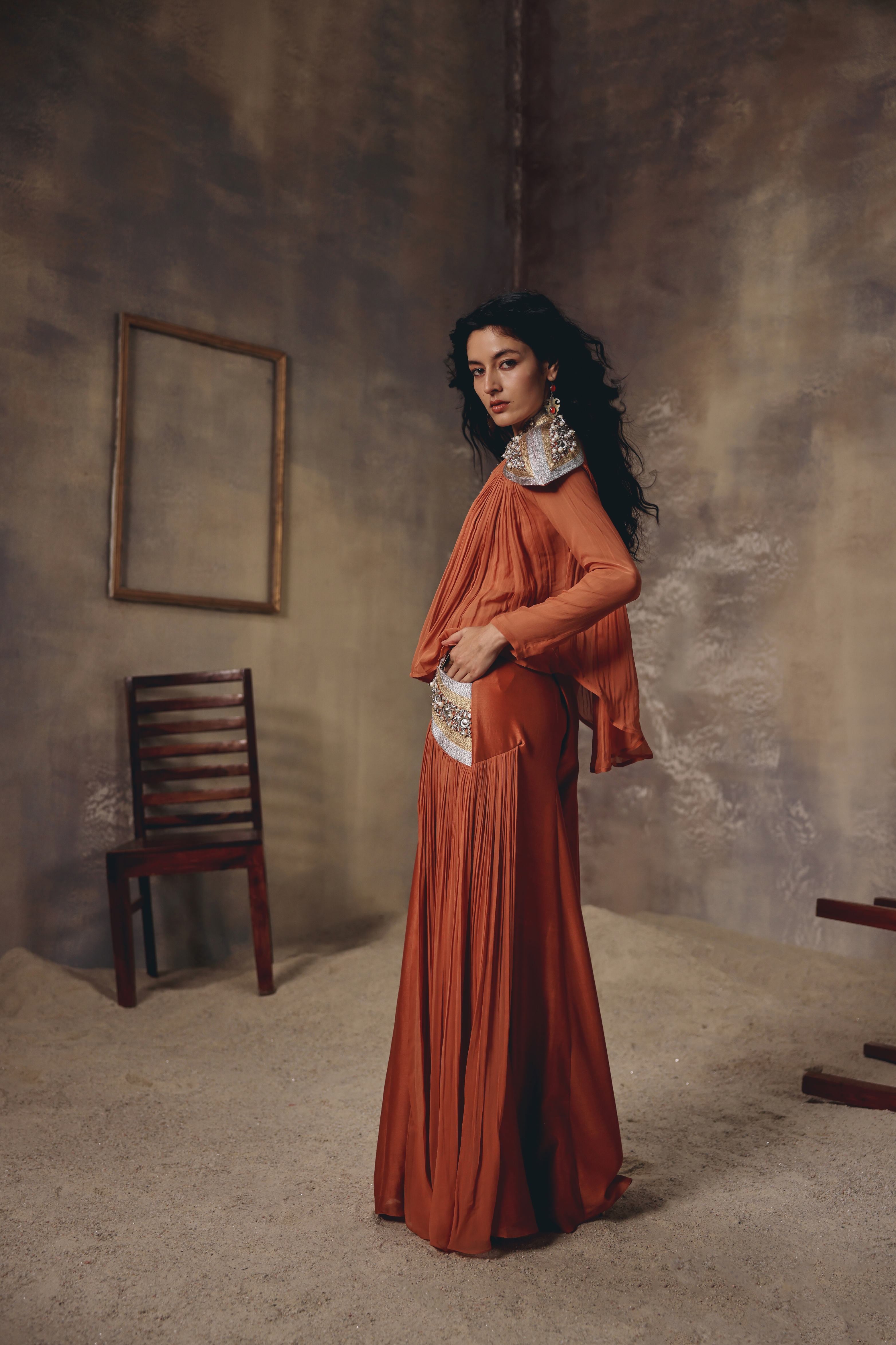 Ember Rust Metal Embroidered Cape Palazzo Set