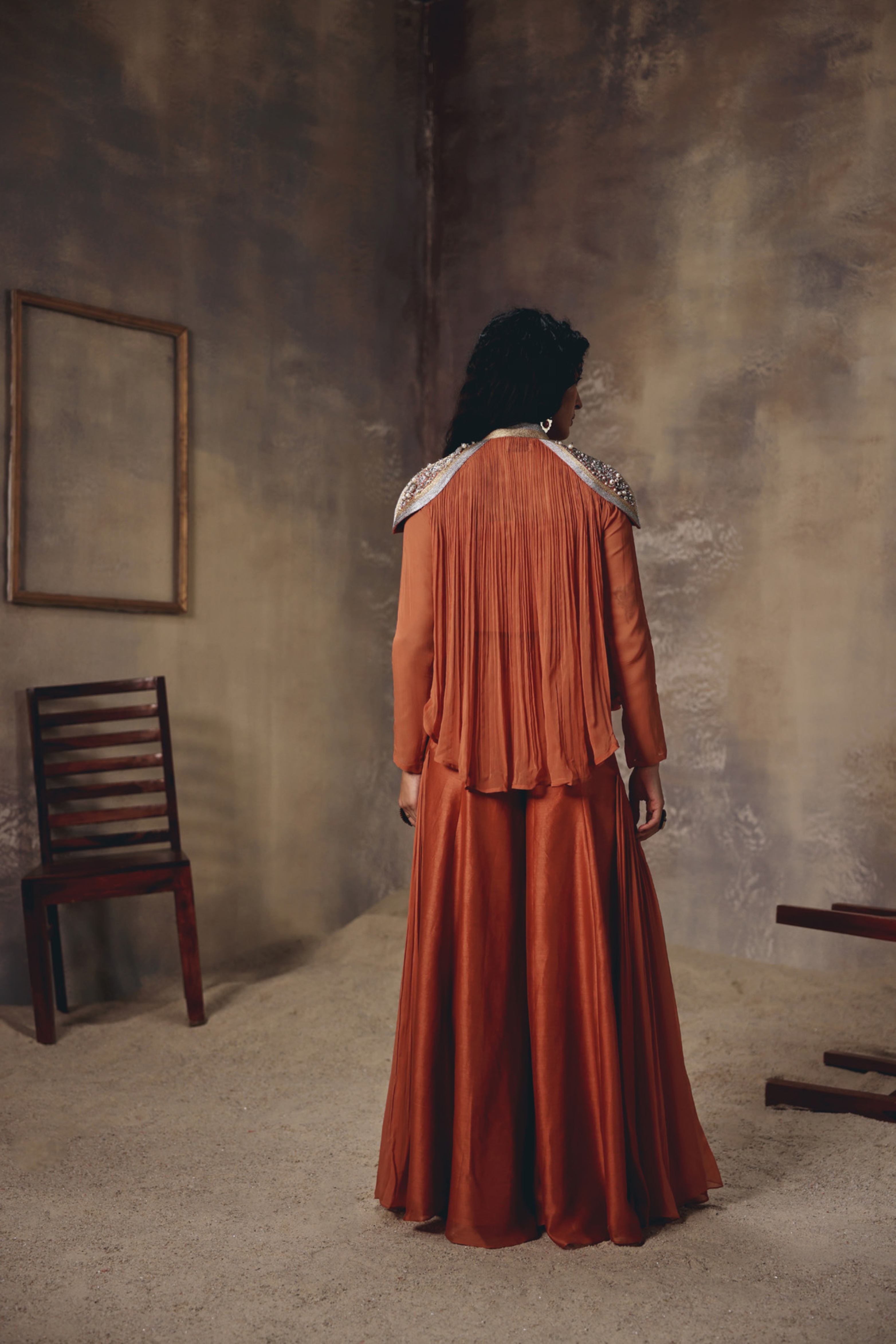 Ember Rust Metal Embroidered Cape Palazzo Set