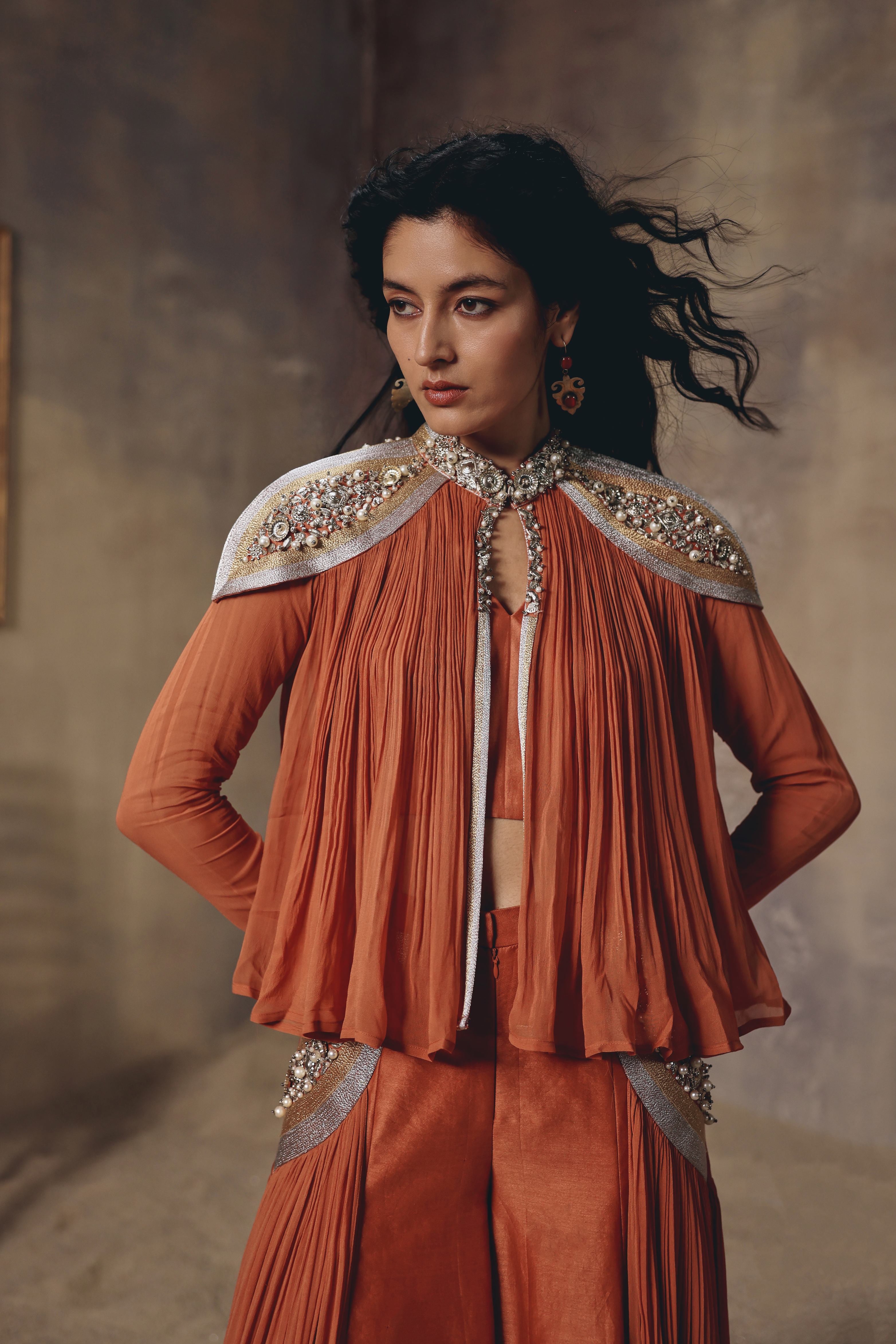 Ember Rust Metal Embroidered Cape Palazzo Set