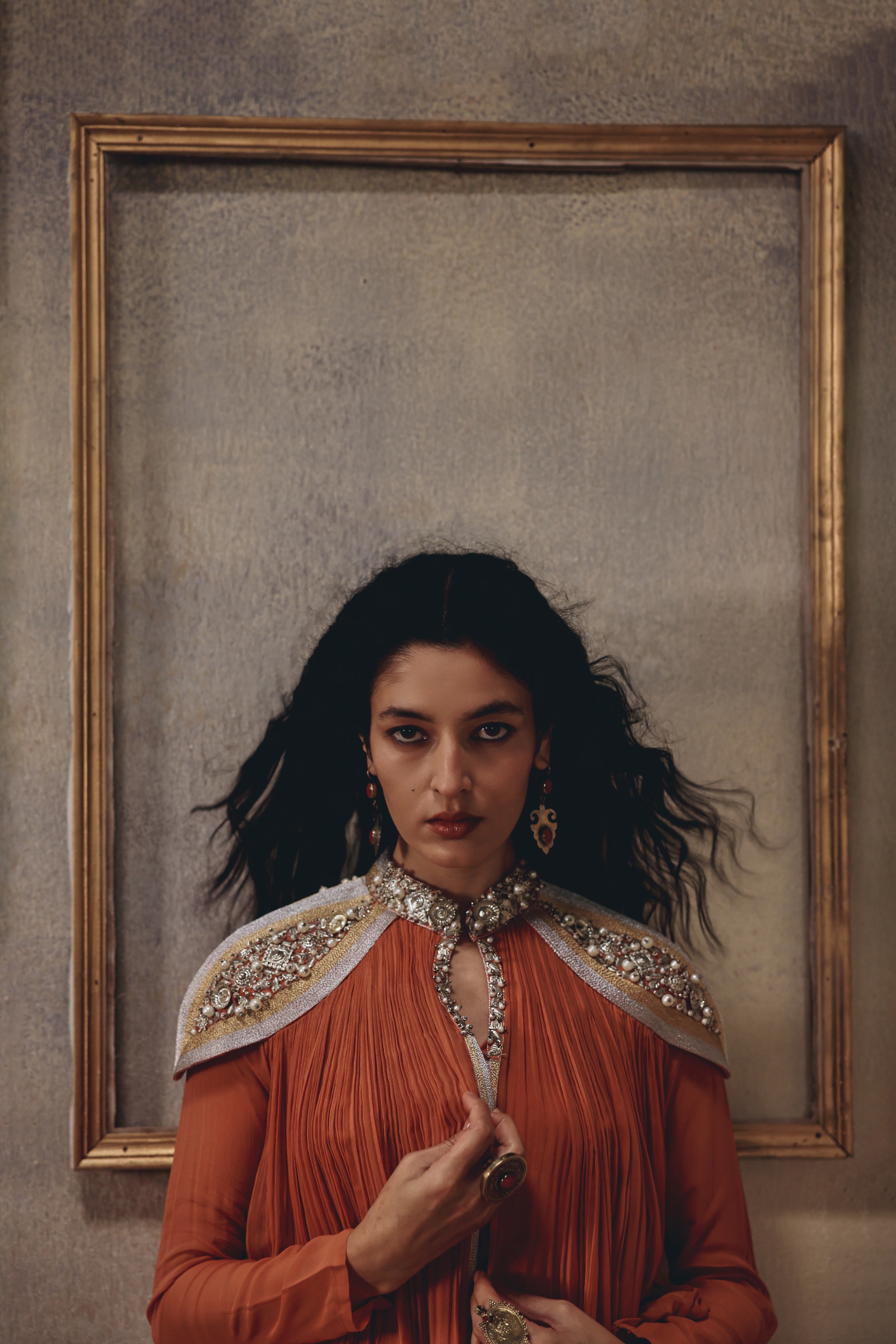 Ember Rust Metal Embroidered Cape Palazzo Set