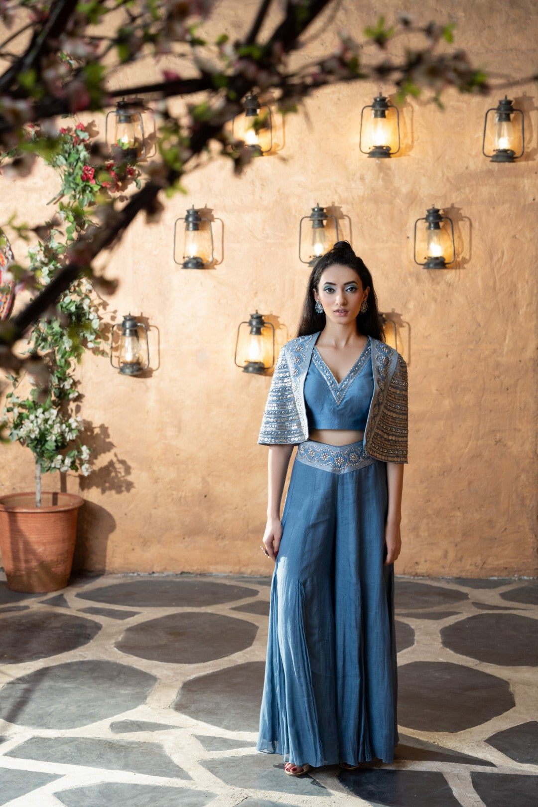 Sky blue cape plazzo set