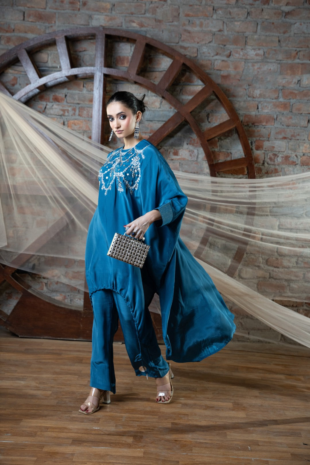 Blue mirage silver embroidered plazzo set