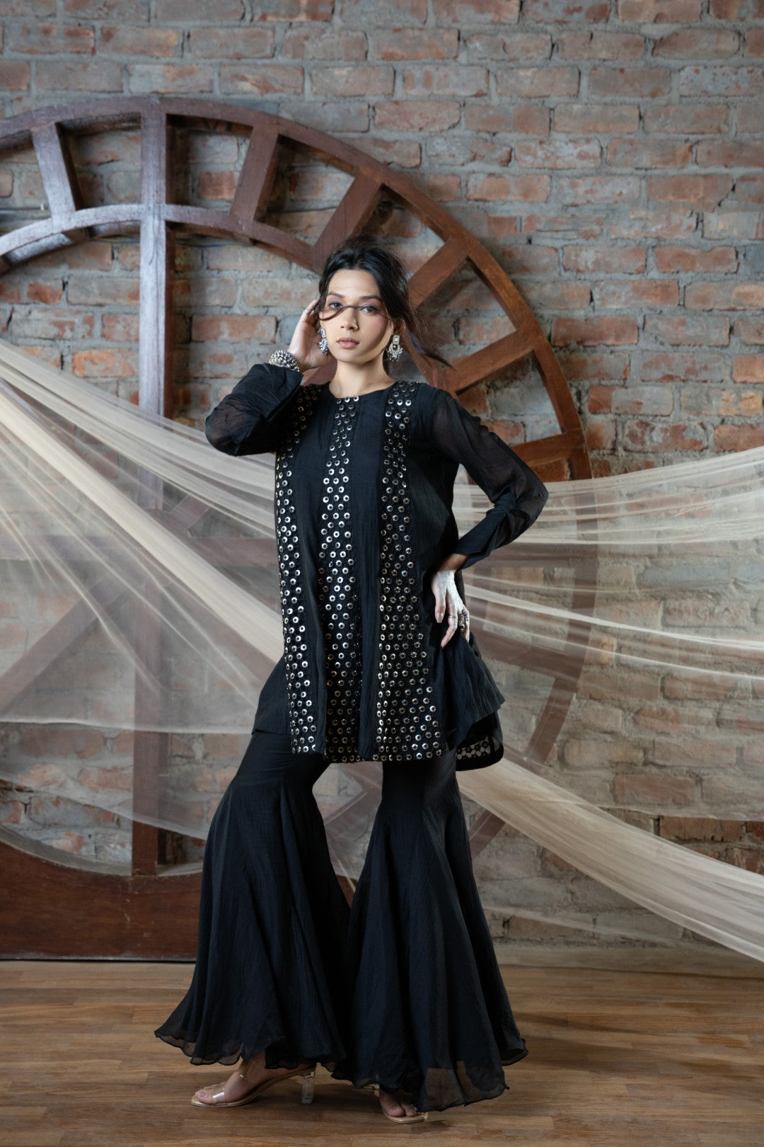 Black Coin Cutwork Sharara Set