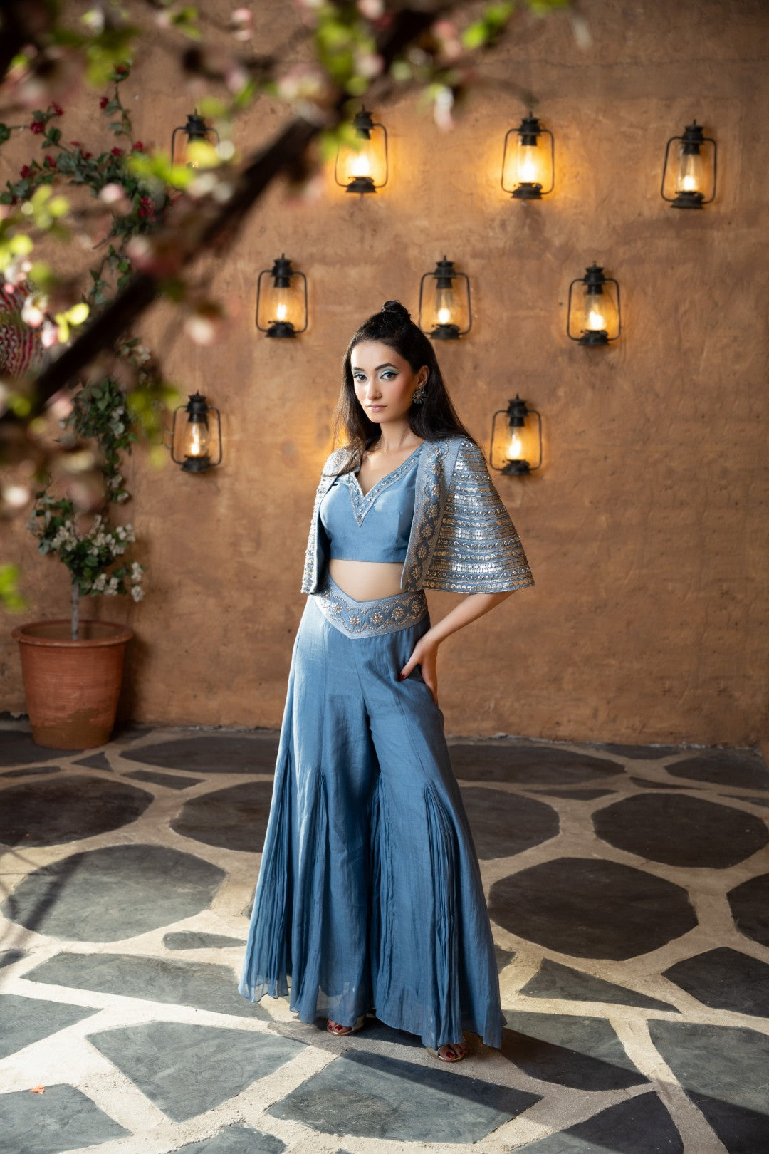 Sky blue cape plazzo set