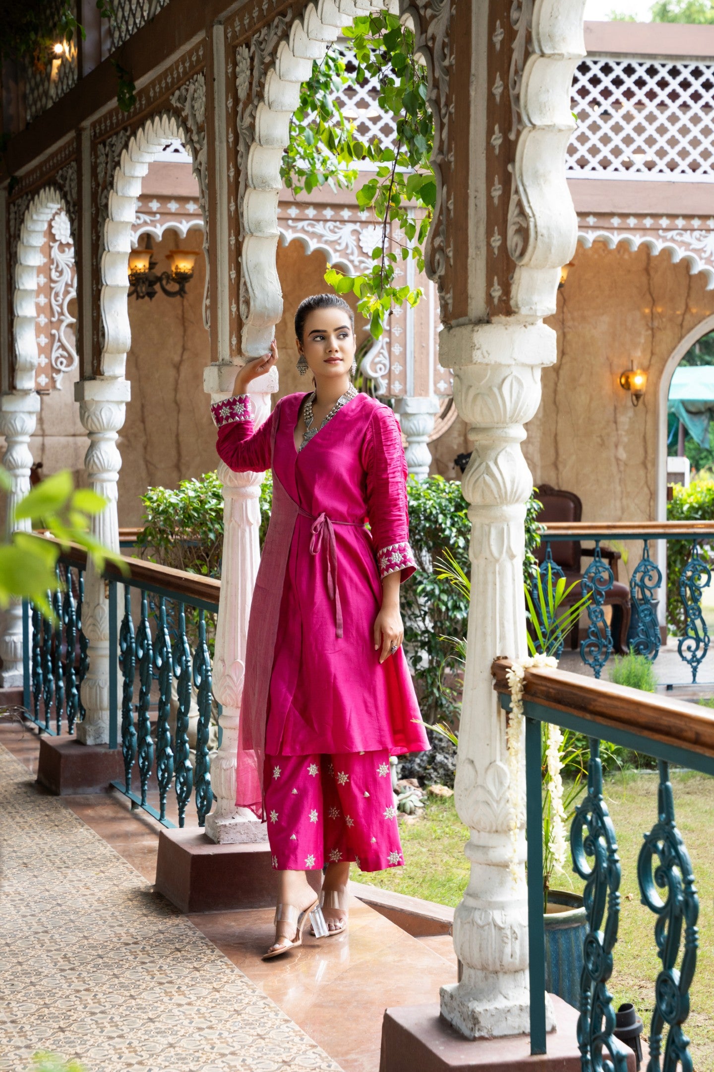 Magenta Angrakha plazzo set with gathered sleeves