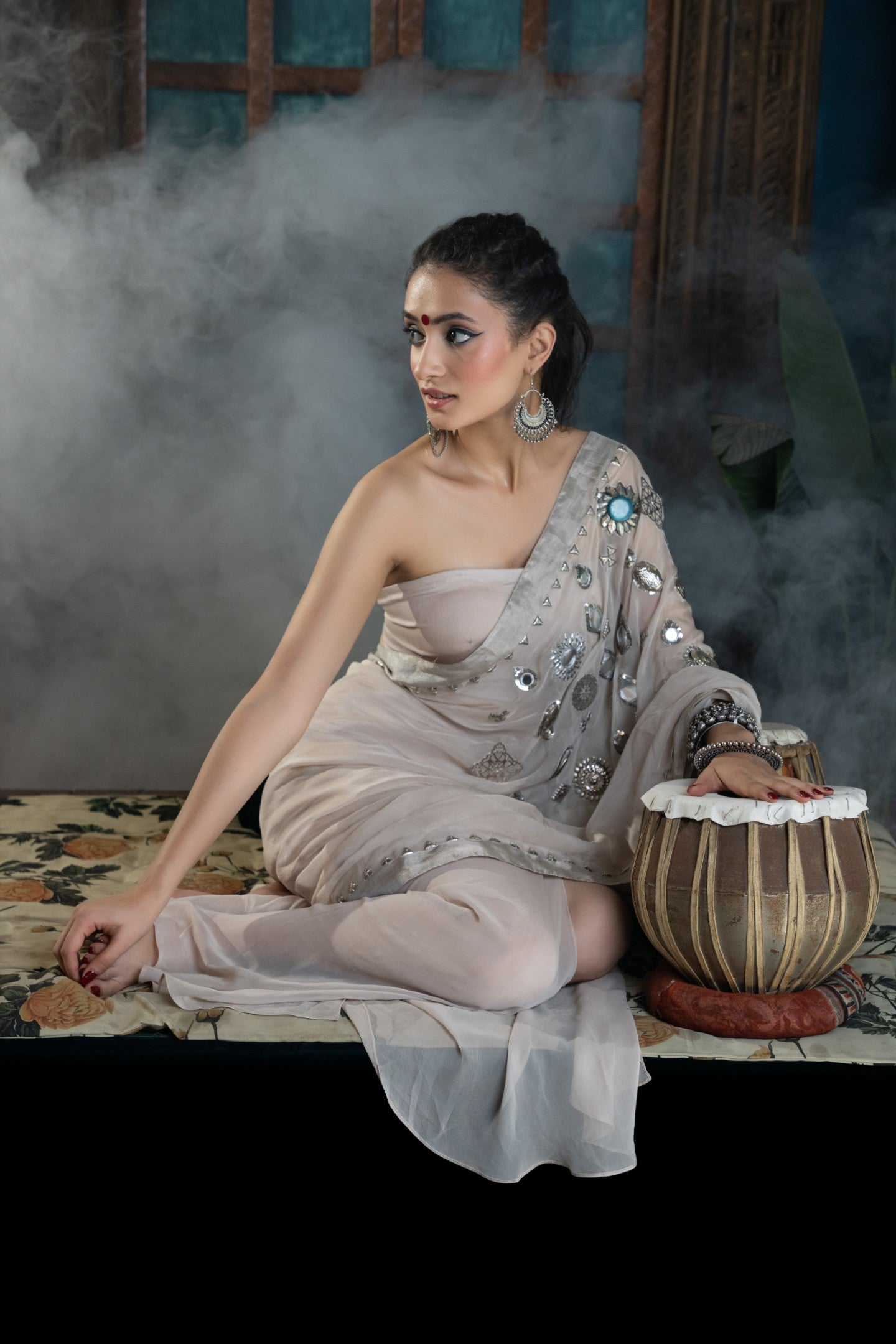 Beige Metal Chunks saree