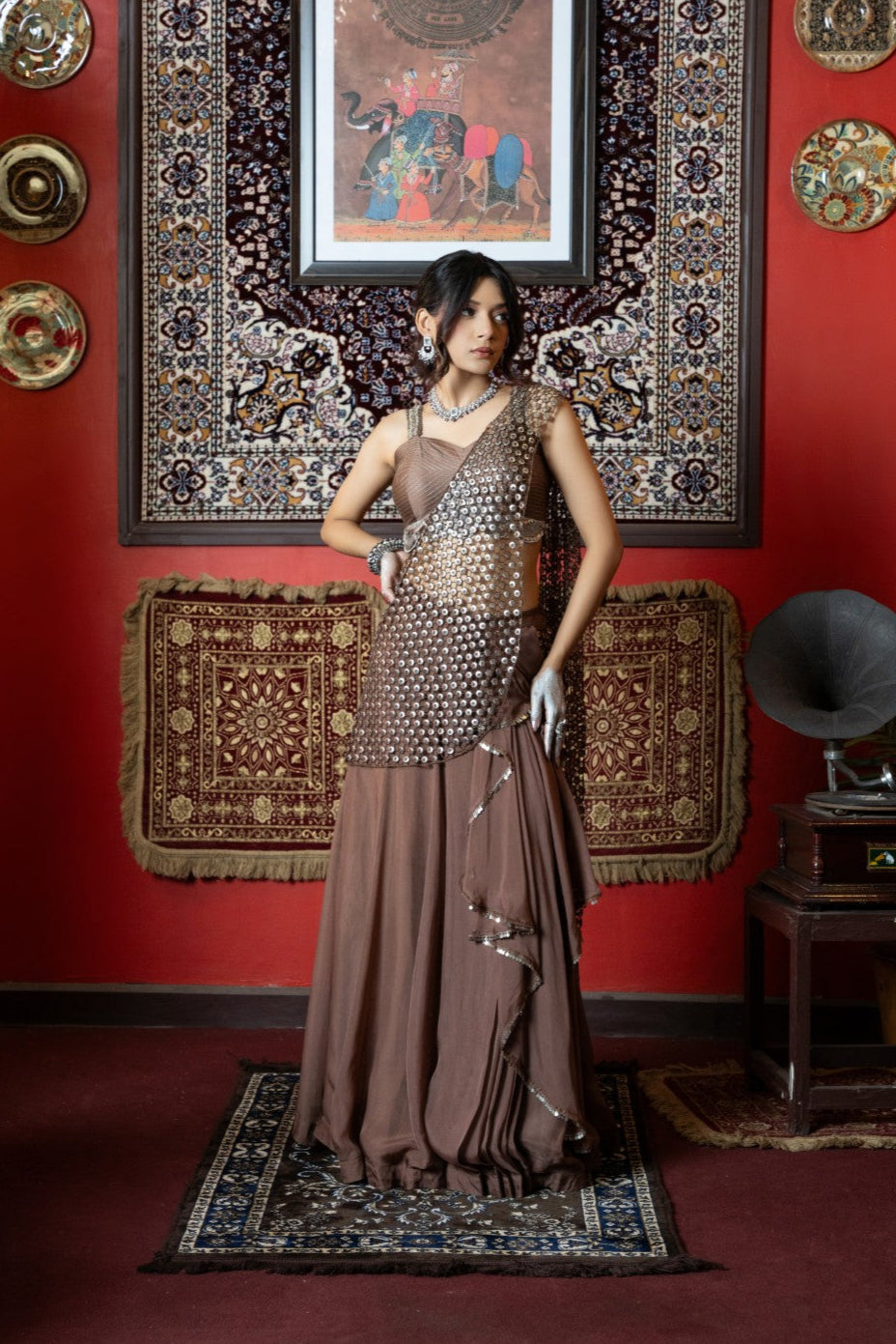 Brown Cut Work Drape Saree
