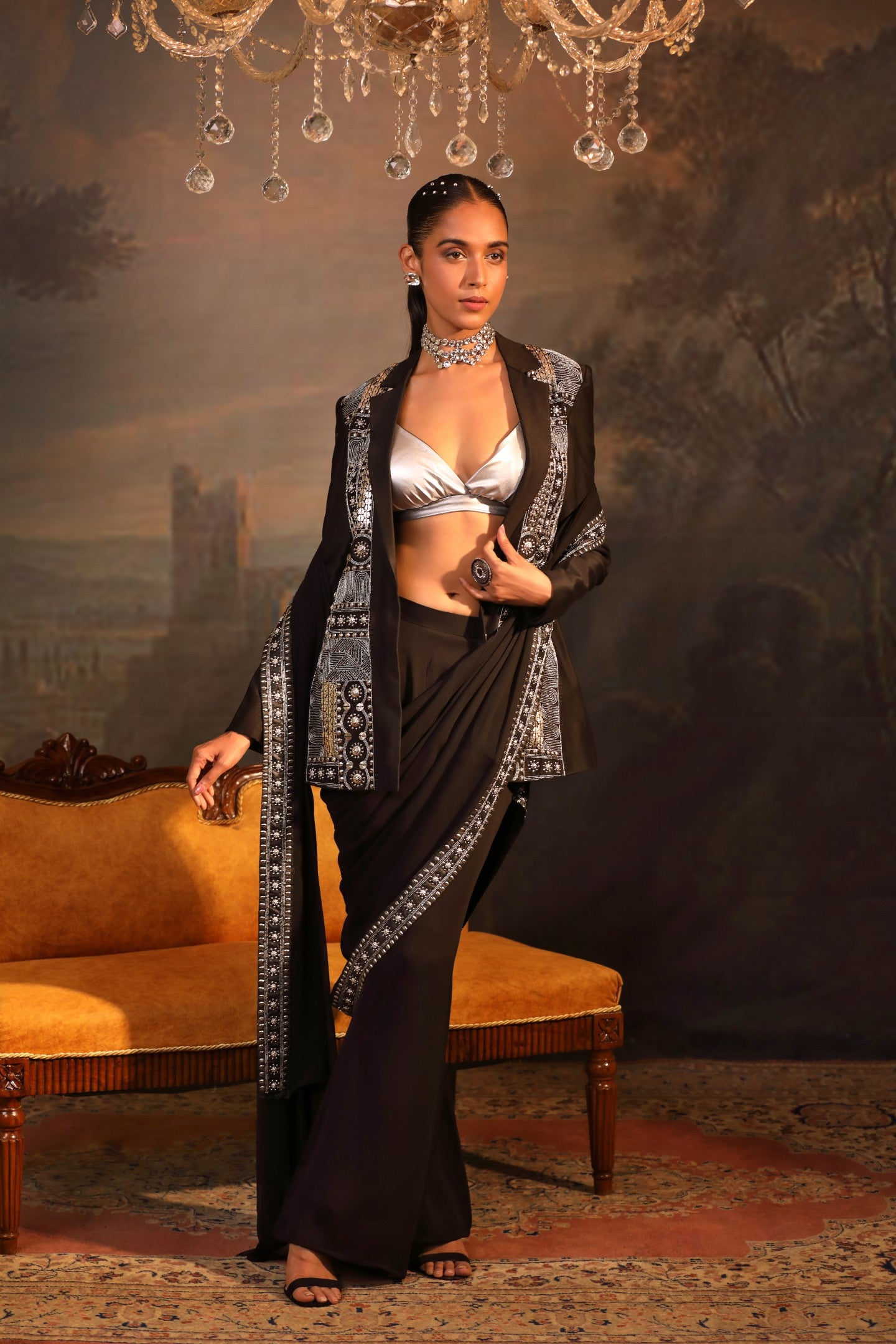 Black Designer Blazer Pant Set