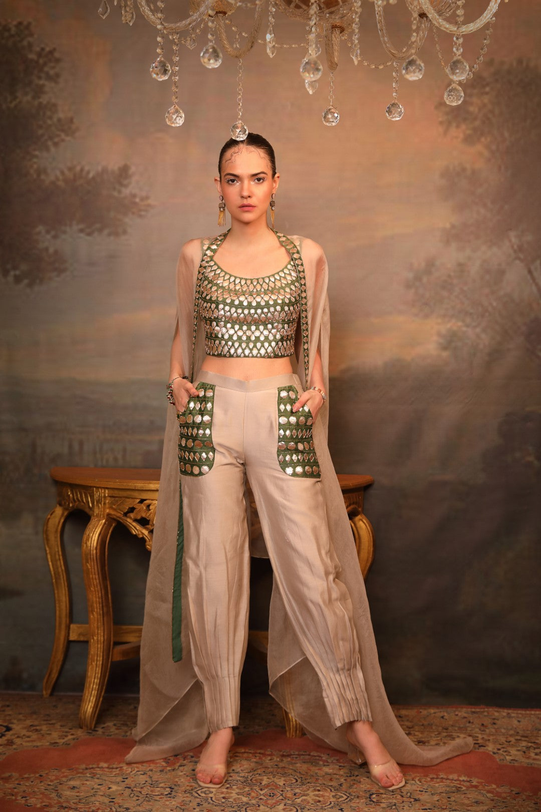Beige Chanderi Silk Cape Set