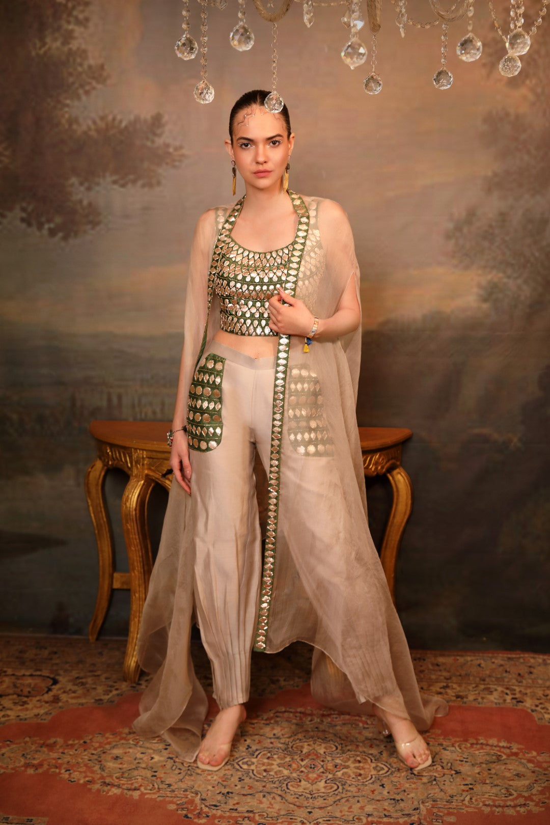 Beige Chanderi Silk Cape Set