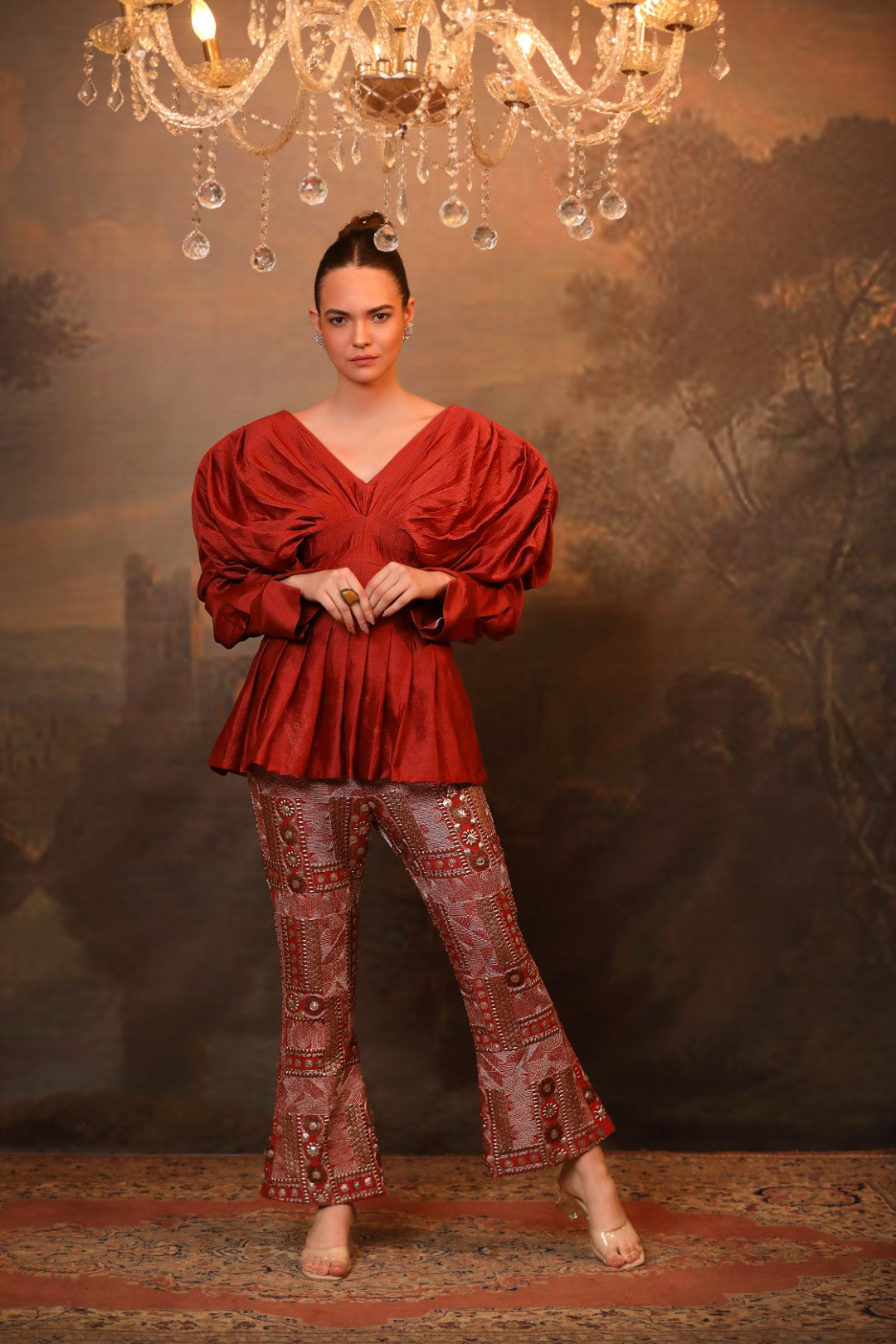 Rust Red Chanderi Silk Top & Pant Set