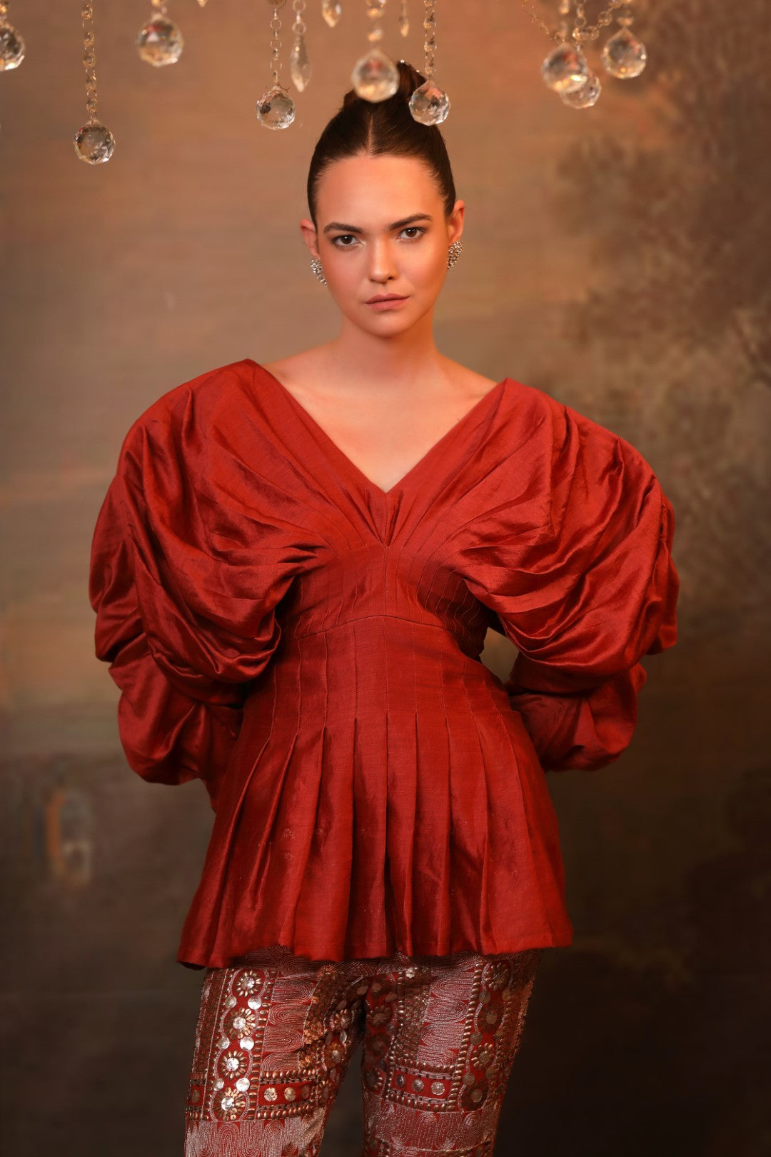 Rust Red Chanderi Silk Top & Pant Set