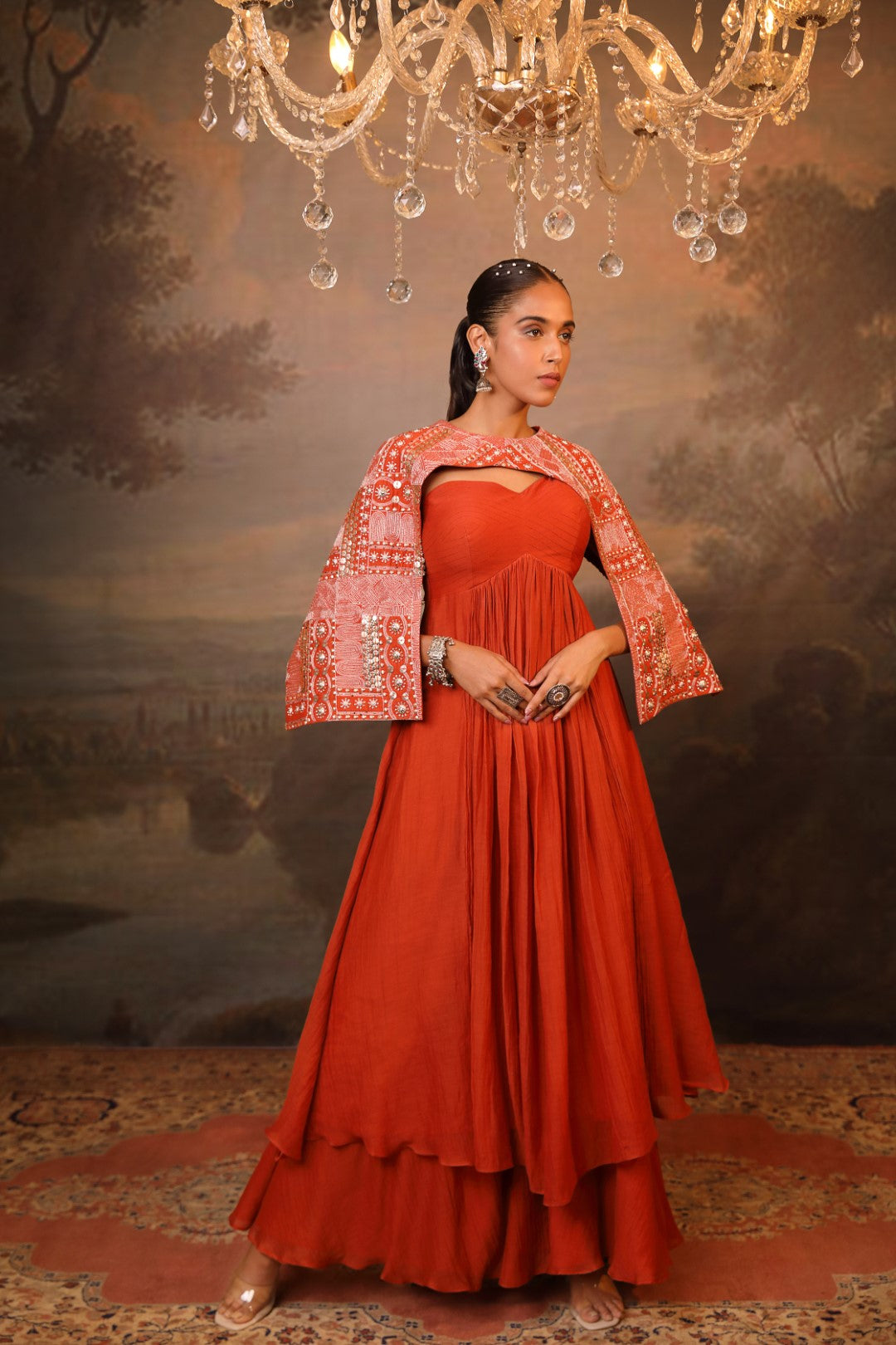 Cinnamon Orange Anarkali & Cape Set