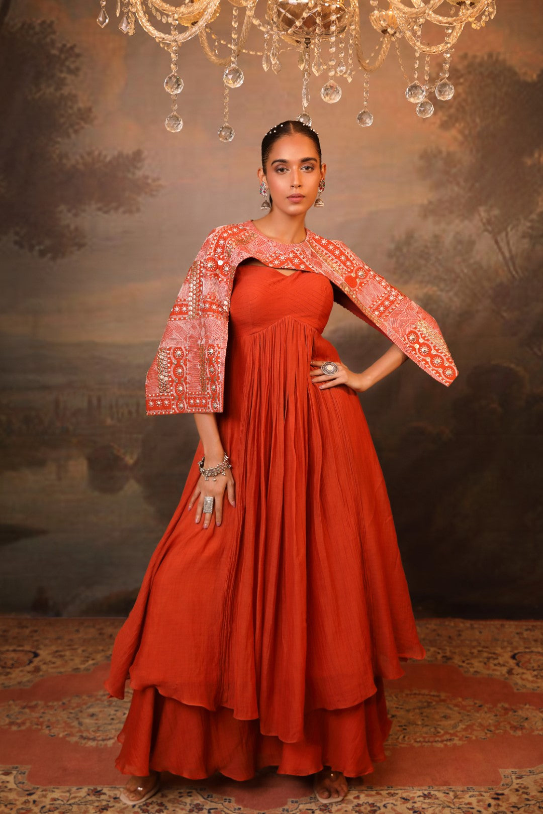 Cinnamon Orange Anarkali & Cape Set
