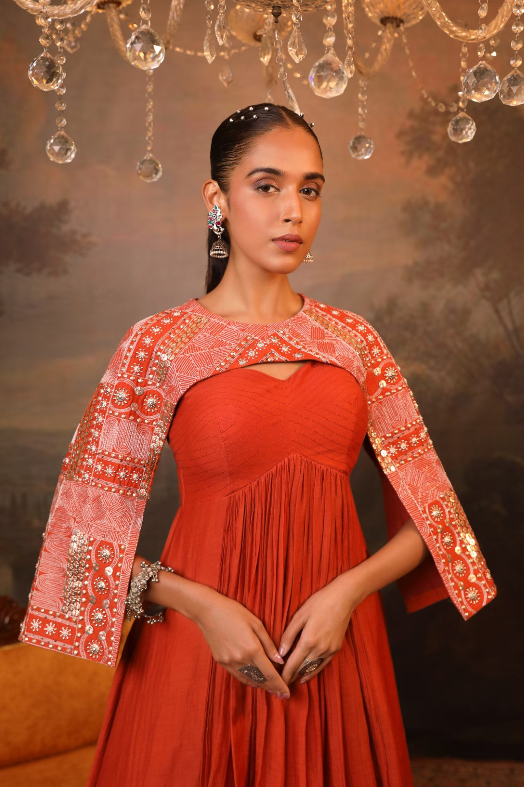 Cinnamon Orange Anarkali & Cape Set