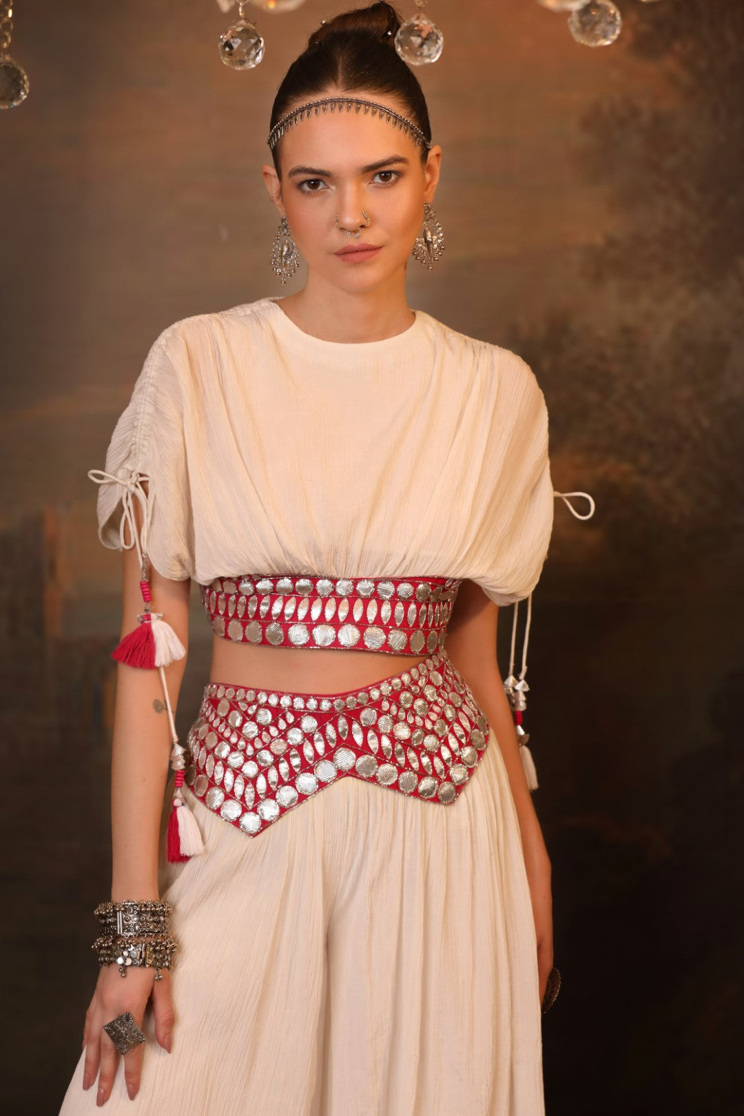 White Wrinkle Chiffon Pallazo & Crop Top Set