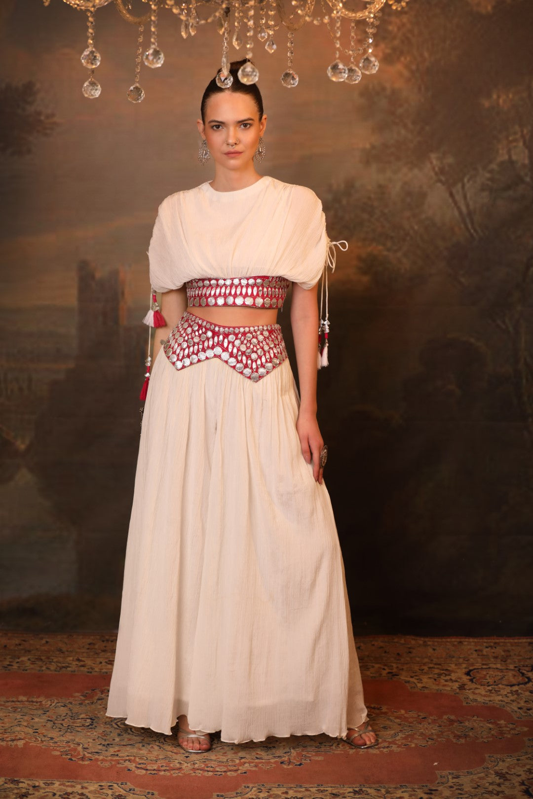White Wrinkle Chiffon Pallazo & Crop Top Set