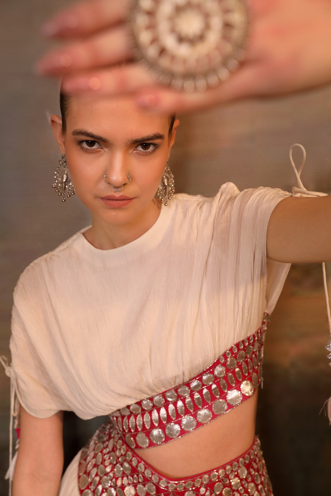White Wrinkle Chiffon Pallazo & Crop Top Set