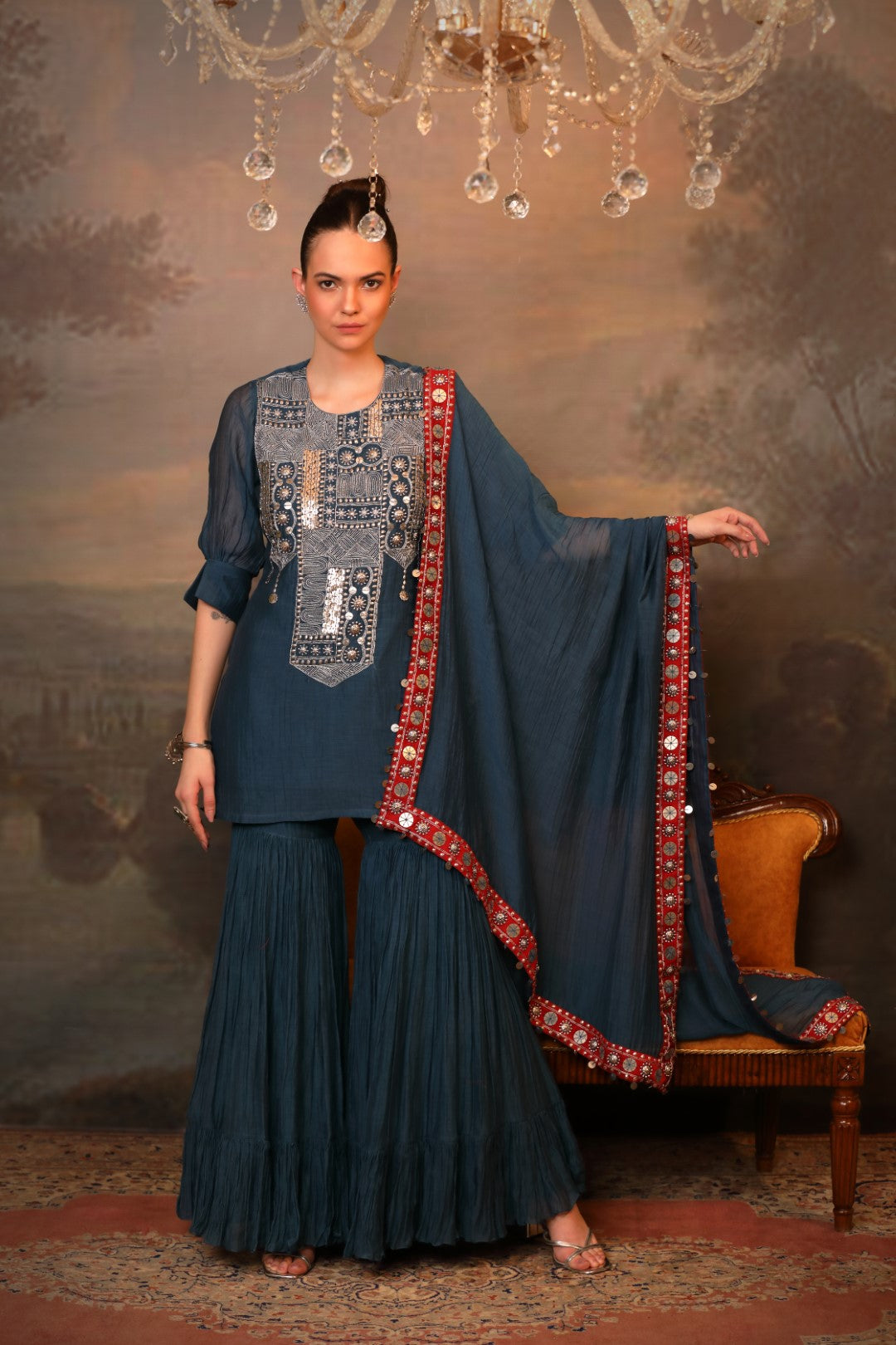 Peacock Blue Chanderi Kurta Sharara Set