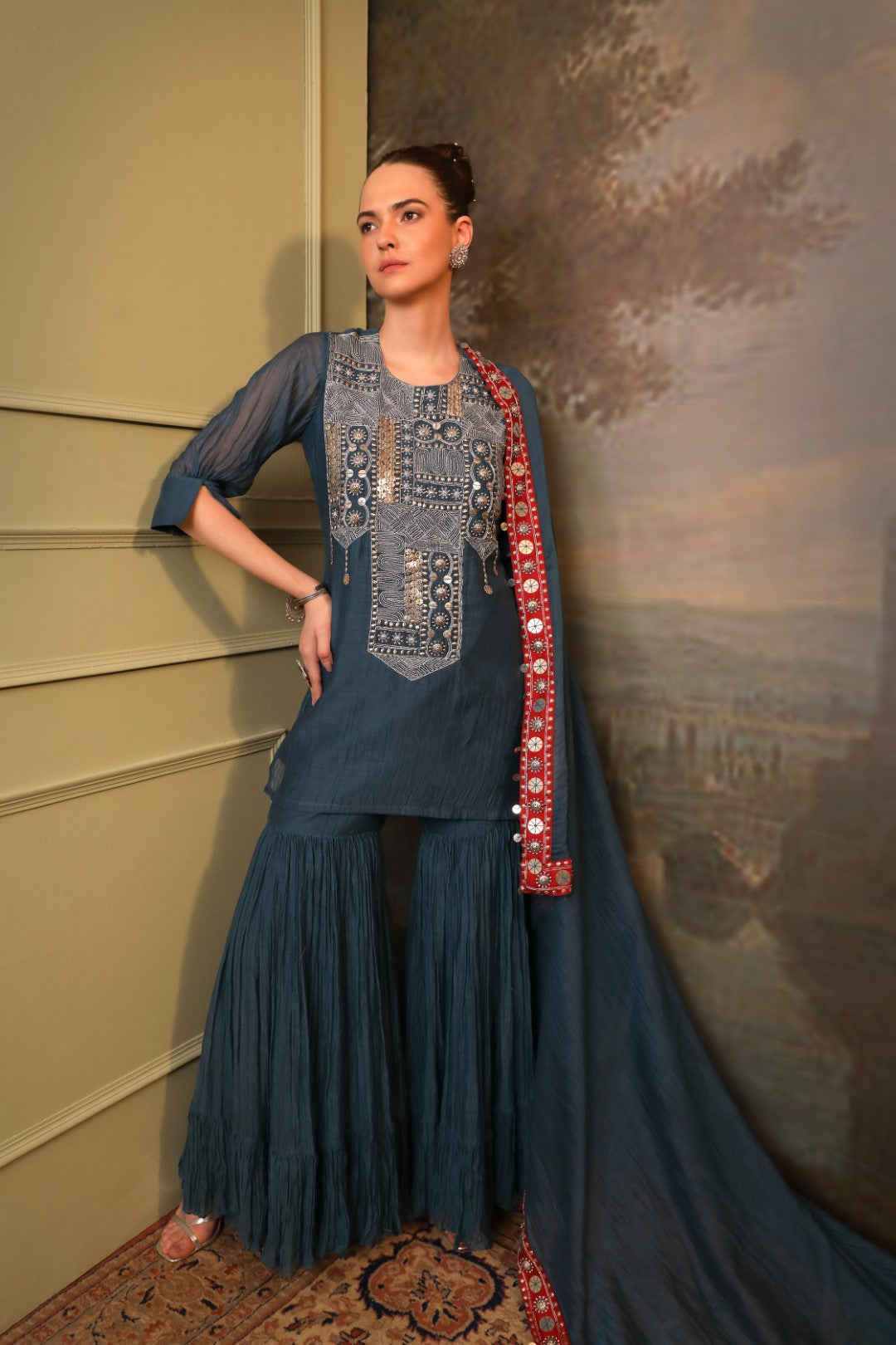 Peacock Blue Chanderi Kurta Sharara Set