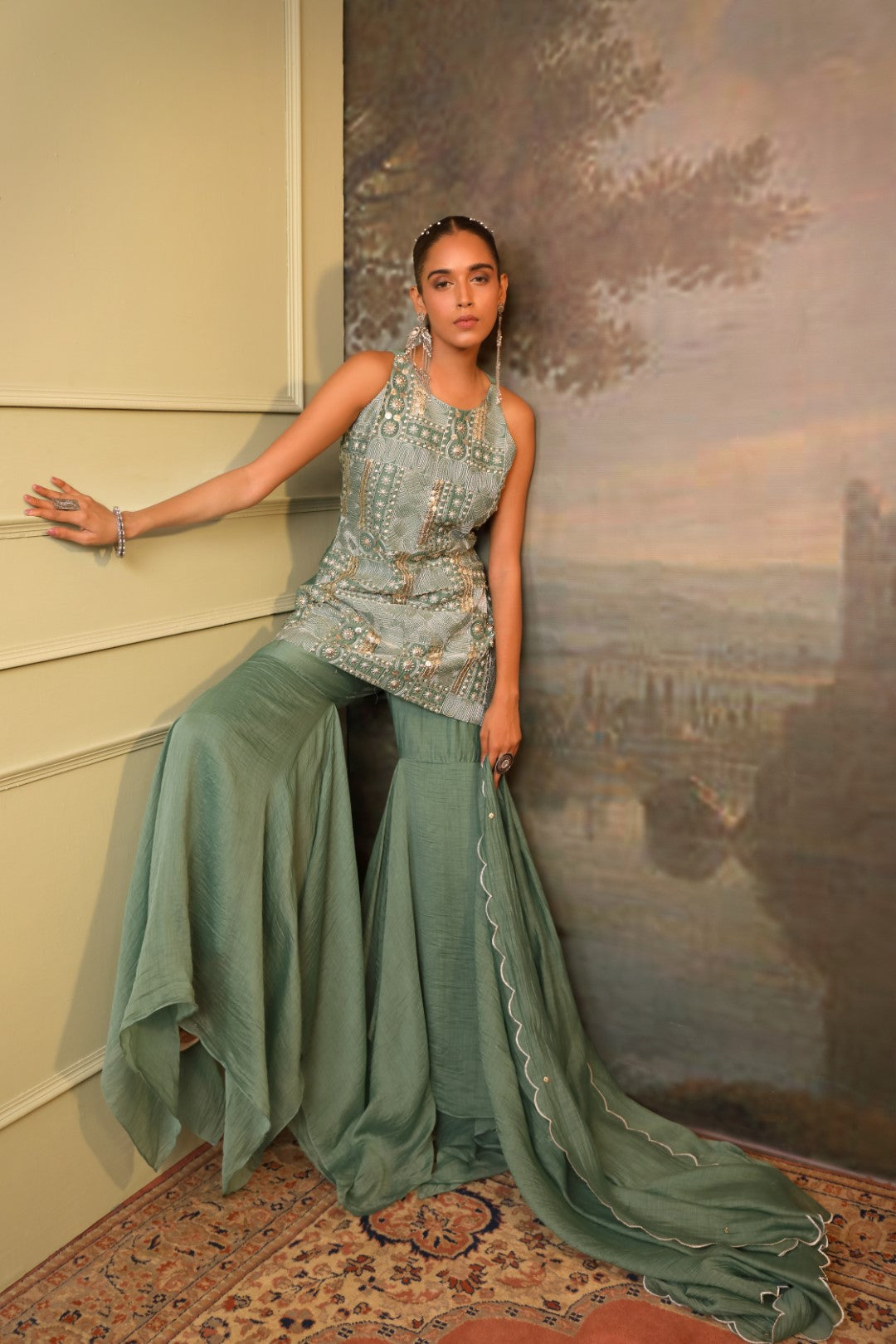 Sage Green Chanderi Kurta Sharara Set
