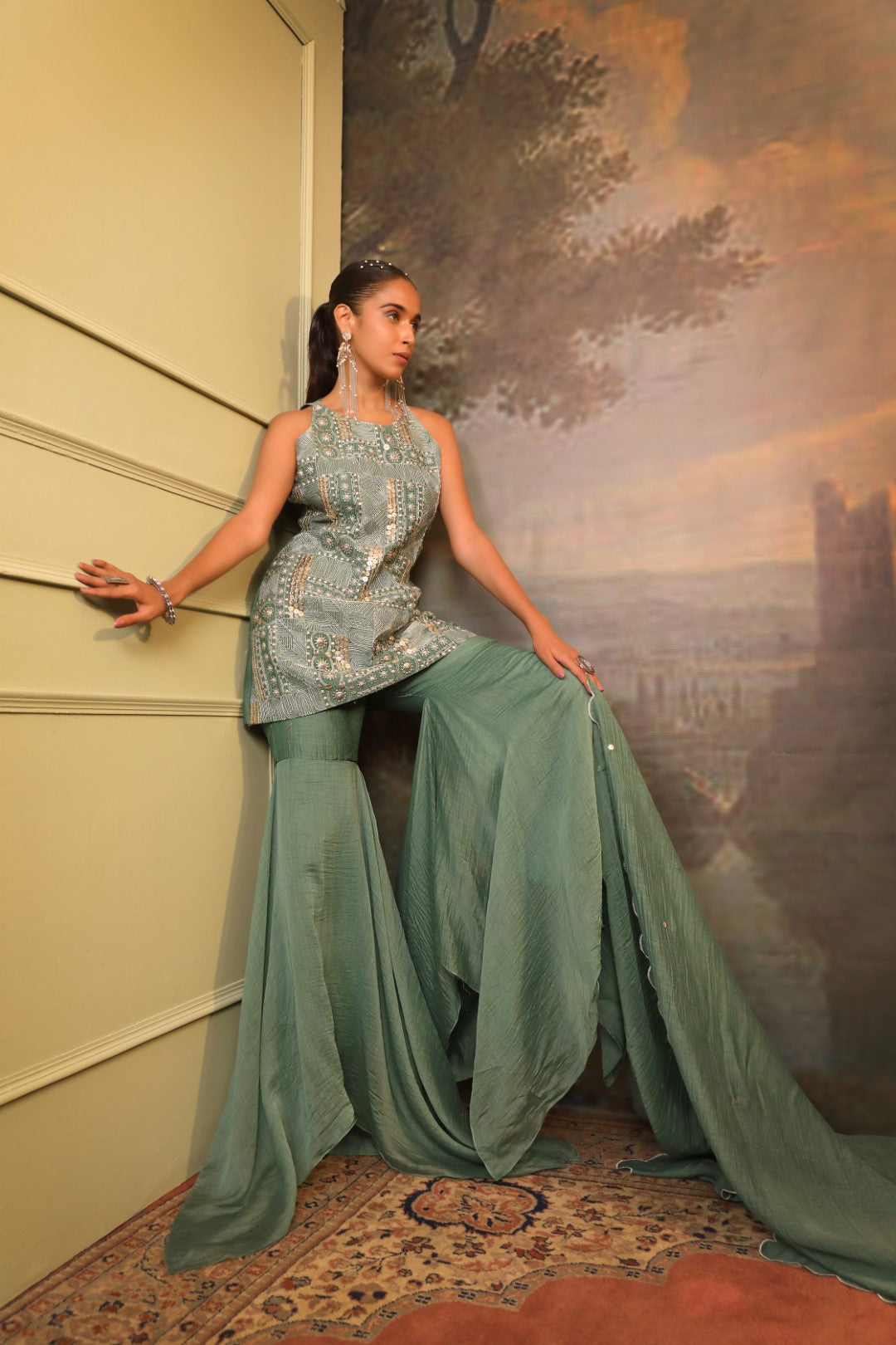 Sage Green Chanderi Kurta Sharara Set