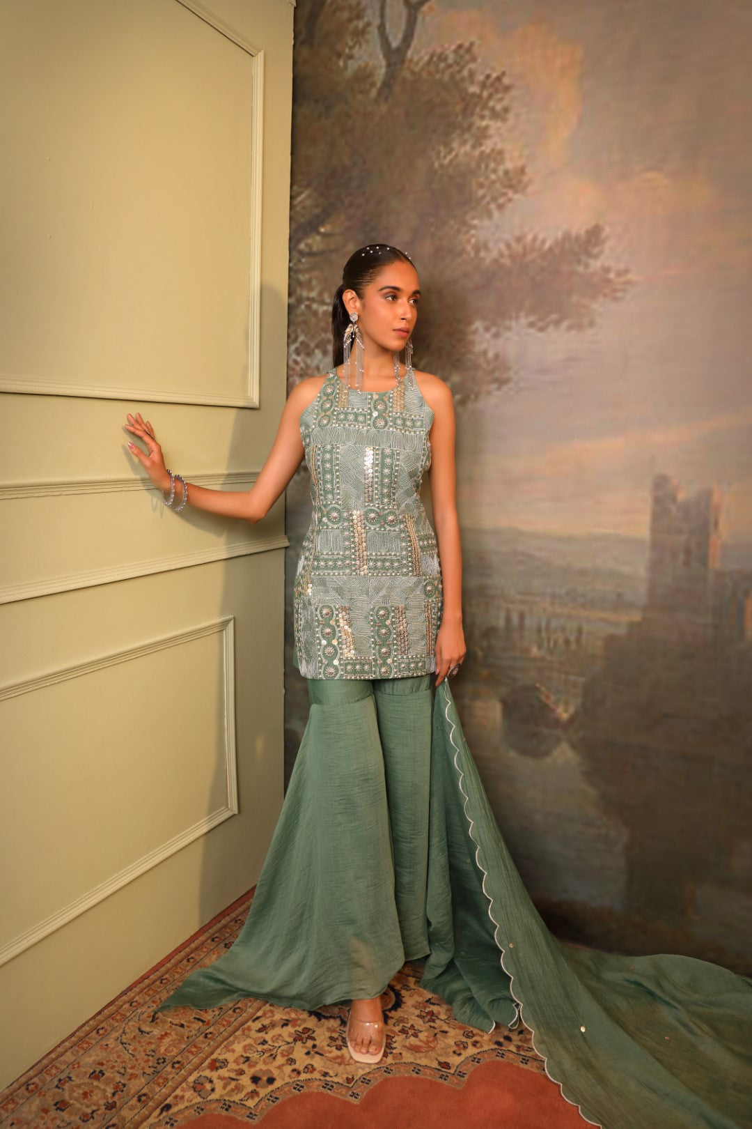 Sage Green Chanderi Kurta Sharara Set