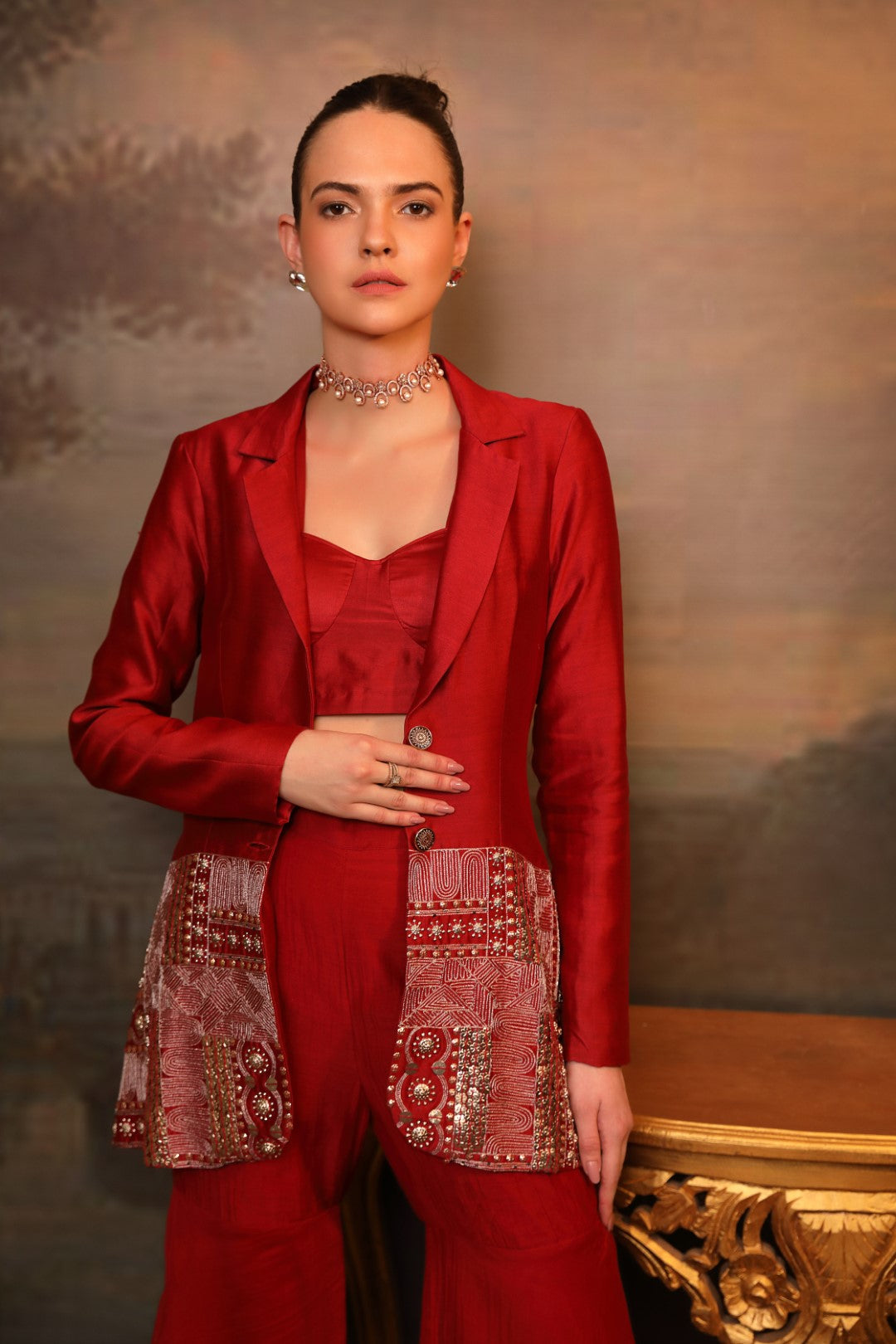 Embroidered Maroon Blazer Sharara Set