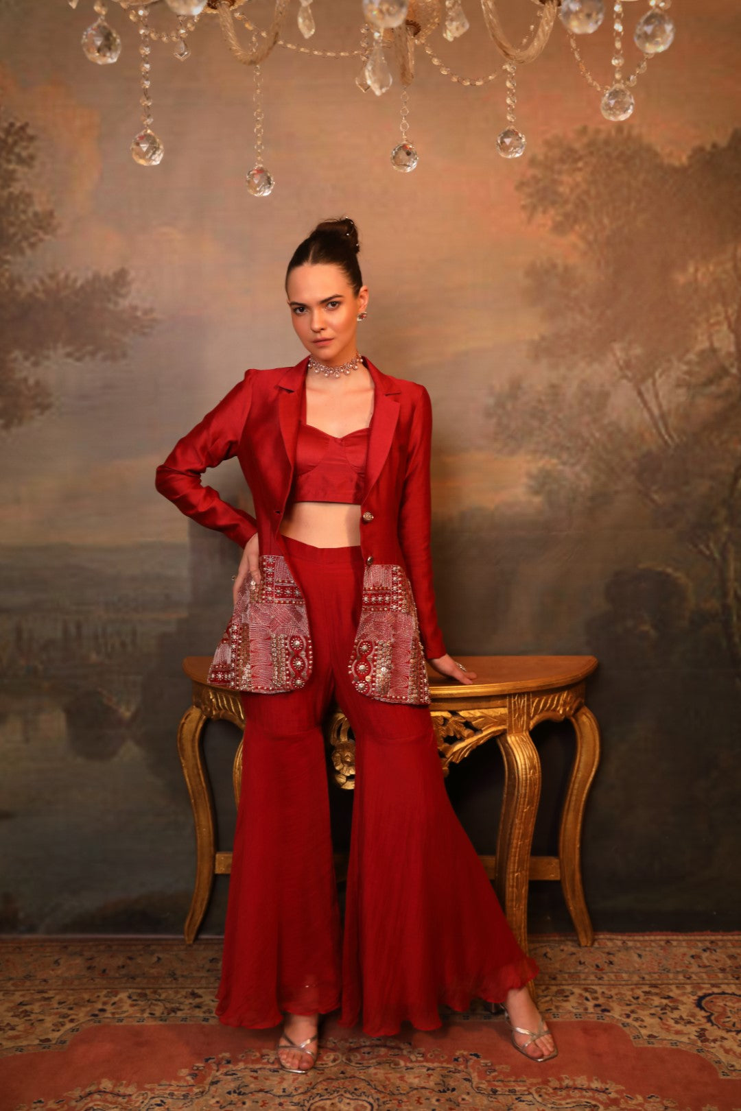 Embroidered Maroon Blazer Sharara Set