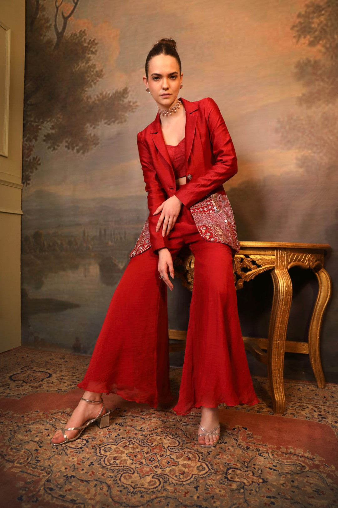 Embroidered Maroon Blazer Sharara Set