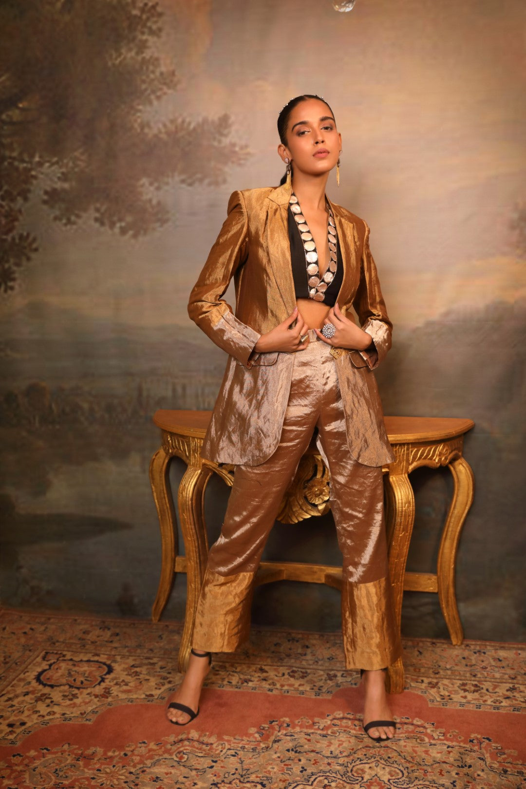 Copper Brown Chanderi Silk Blazer Set