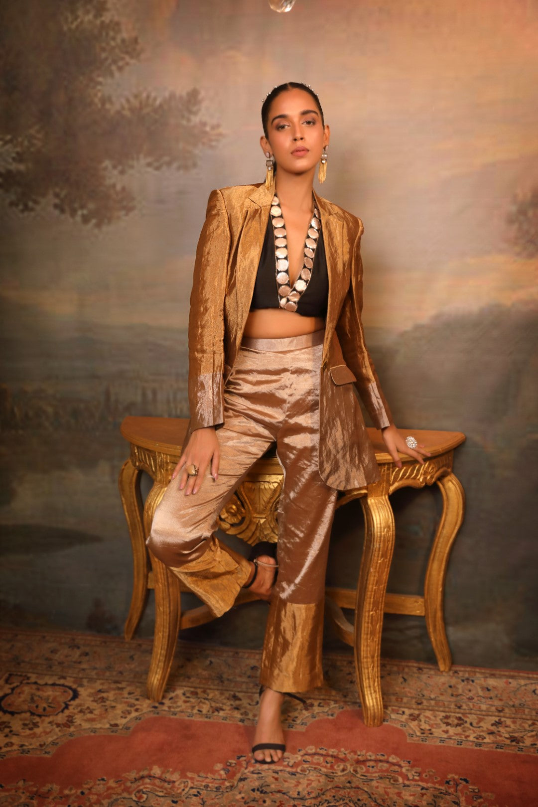 Copper Brown Chanderi Silk Blazer Set