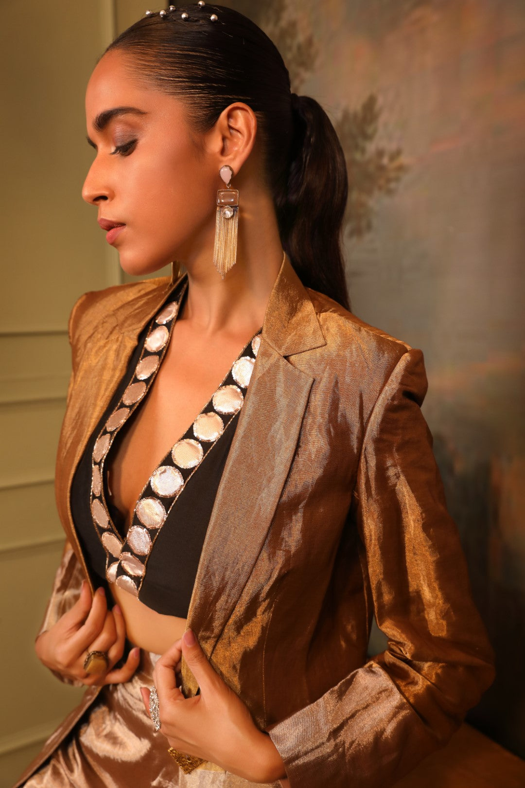 Copper Brown Chanderi Silk Blazer Set