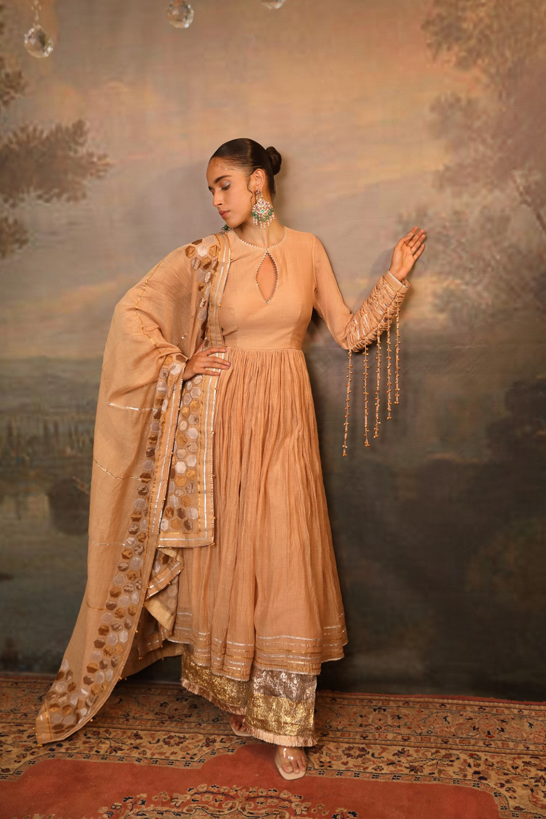 Beige Chanderi Anarkali Set