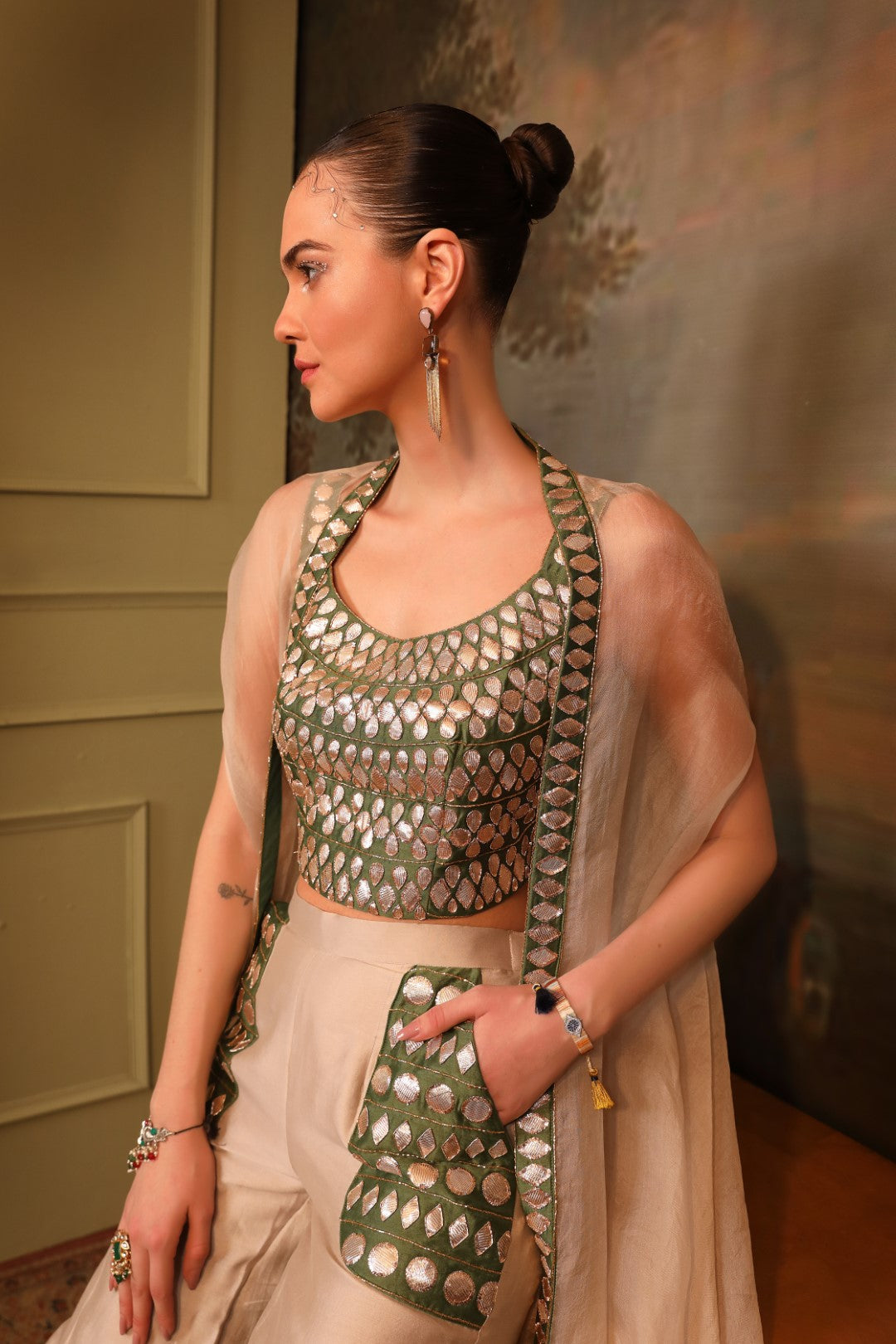Beige Chanderi Silk Cape Set