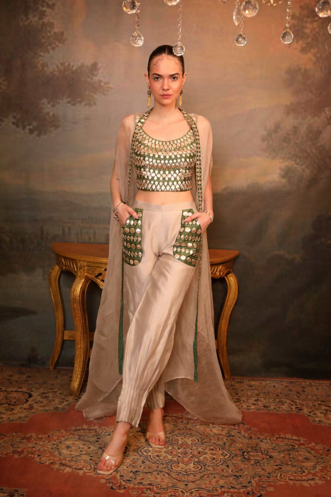 Beige Chanderi Silk Cape Set