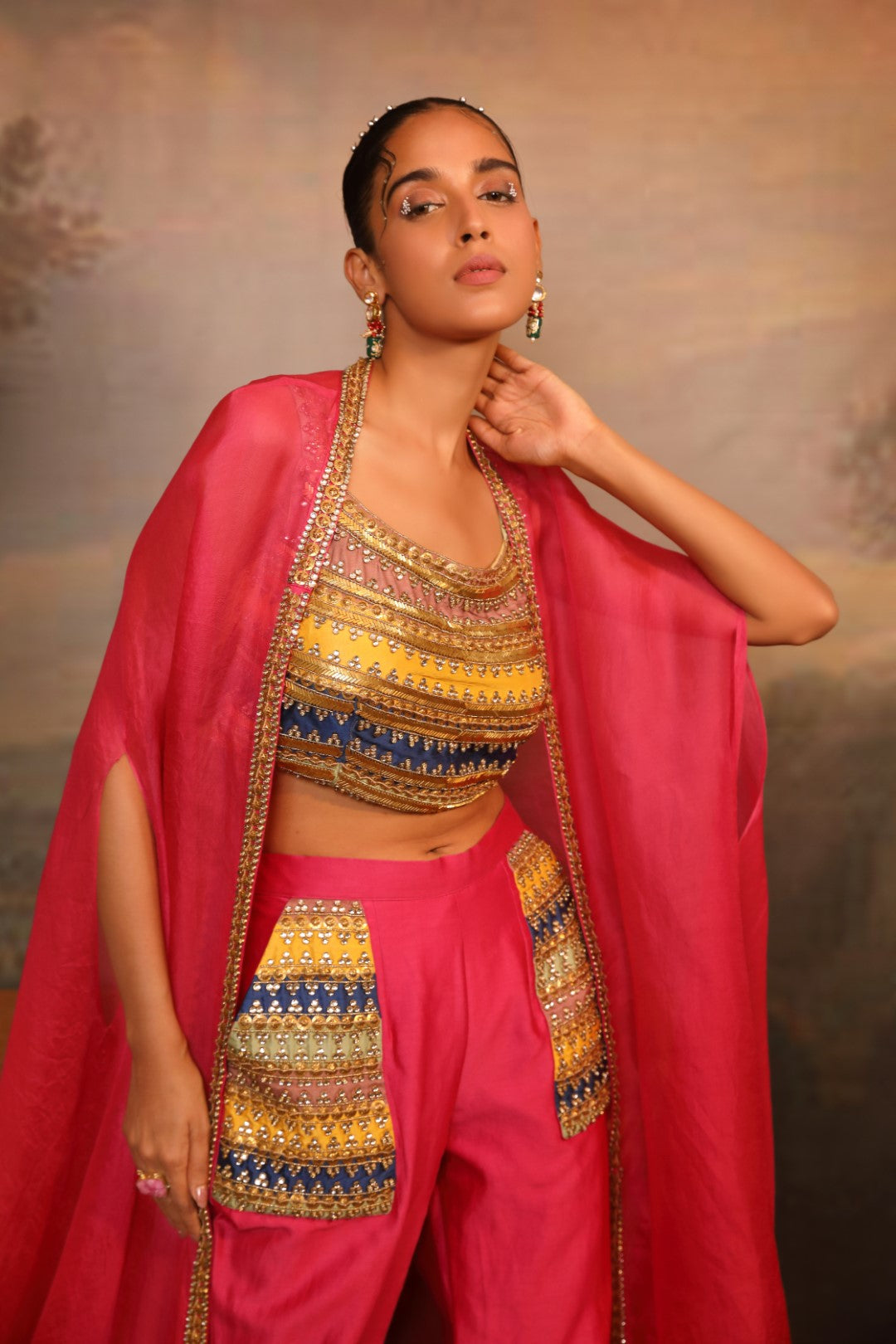Magenta Organza Cape Set