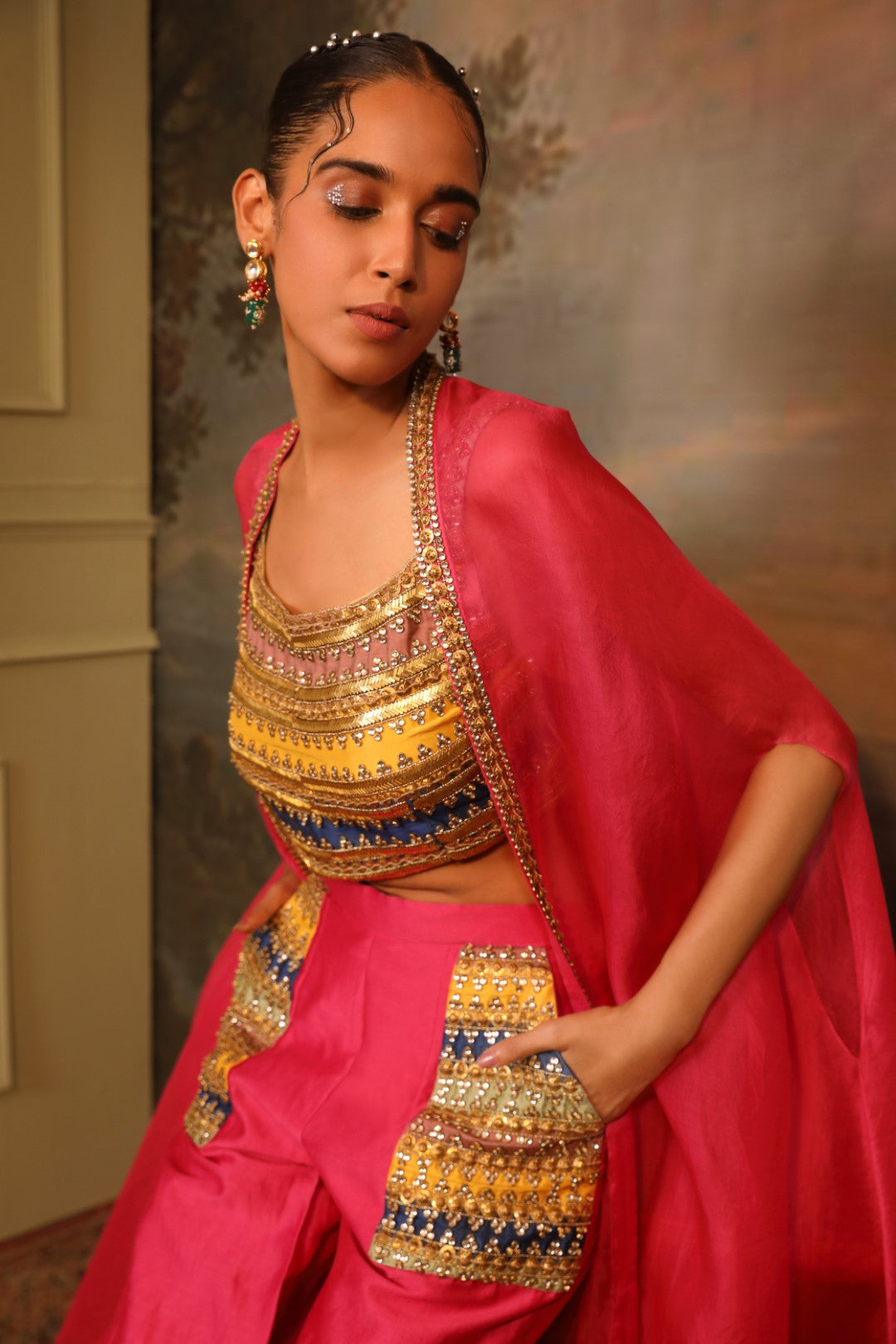 Magenta Organza Cape Set