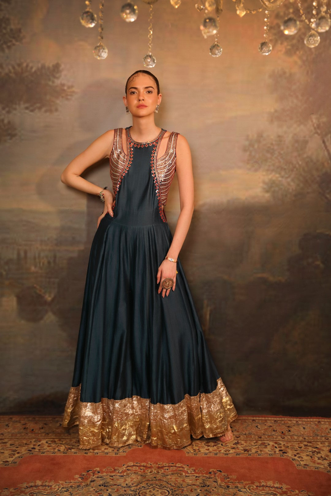 Metal Blue Chanderi Silk Jumpsuit Set