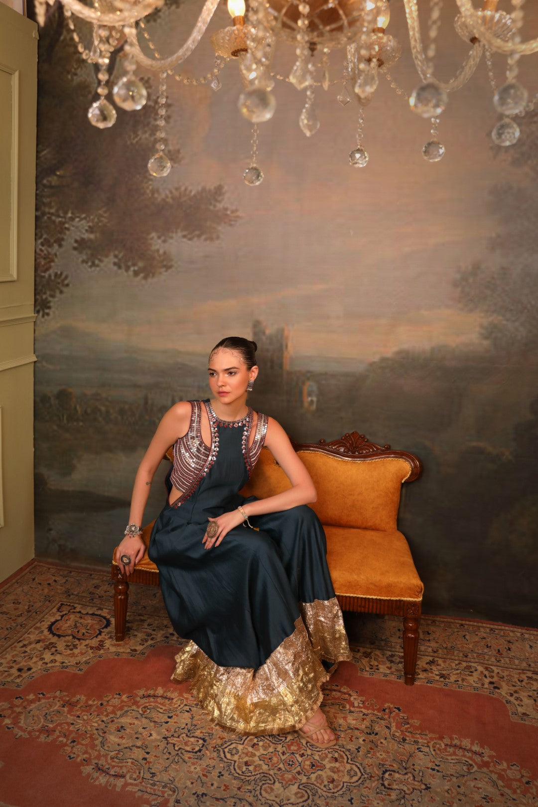 Metal Blue Chanderi Silk Jumpsuit Set