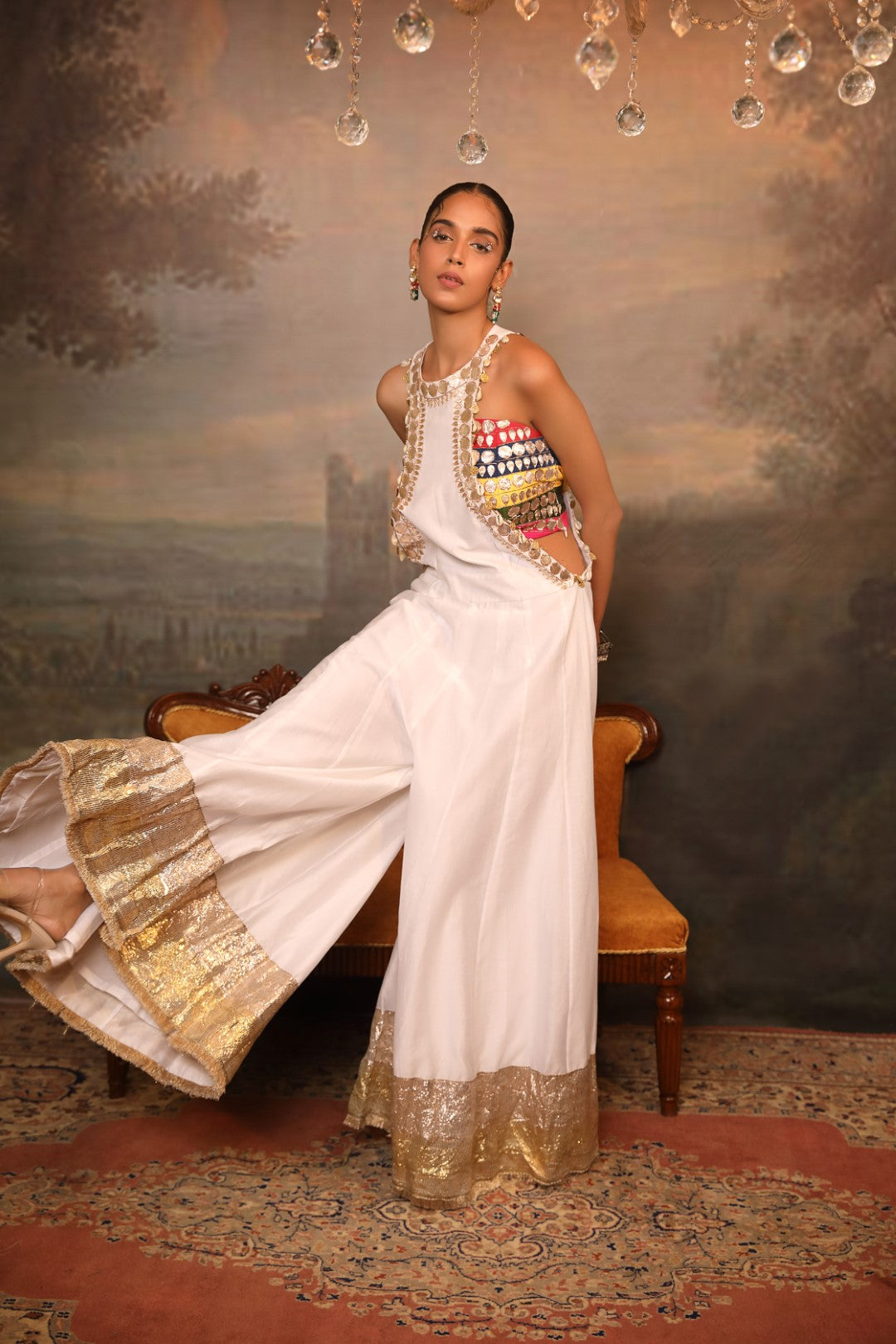White Chanderi Jumpsuit Set